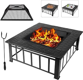 Garden Fire Pit Outdoor Party BBQ Fire Pit with Grill, 32" Metal Fire Bowl for Garden, 3 in 1 Grill/Outdoor Heater/Ice Pit with Cover Grill Barbecue Rack