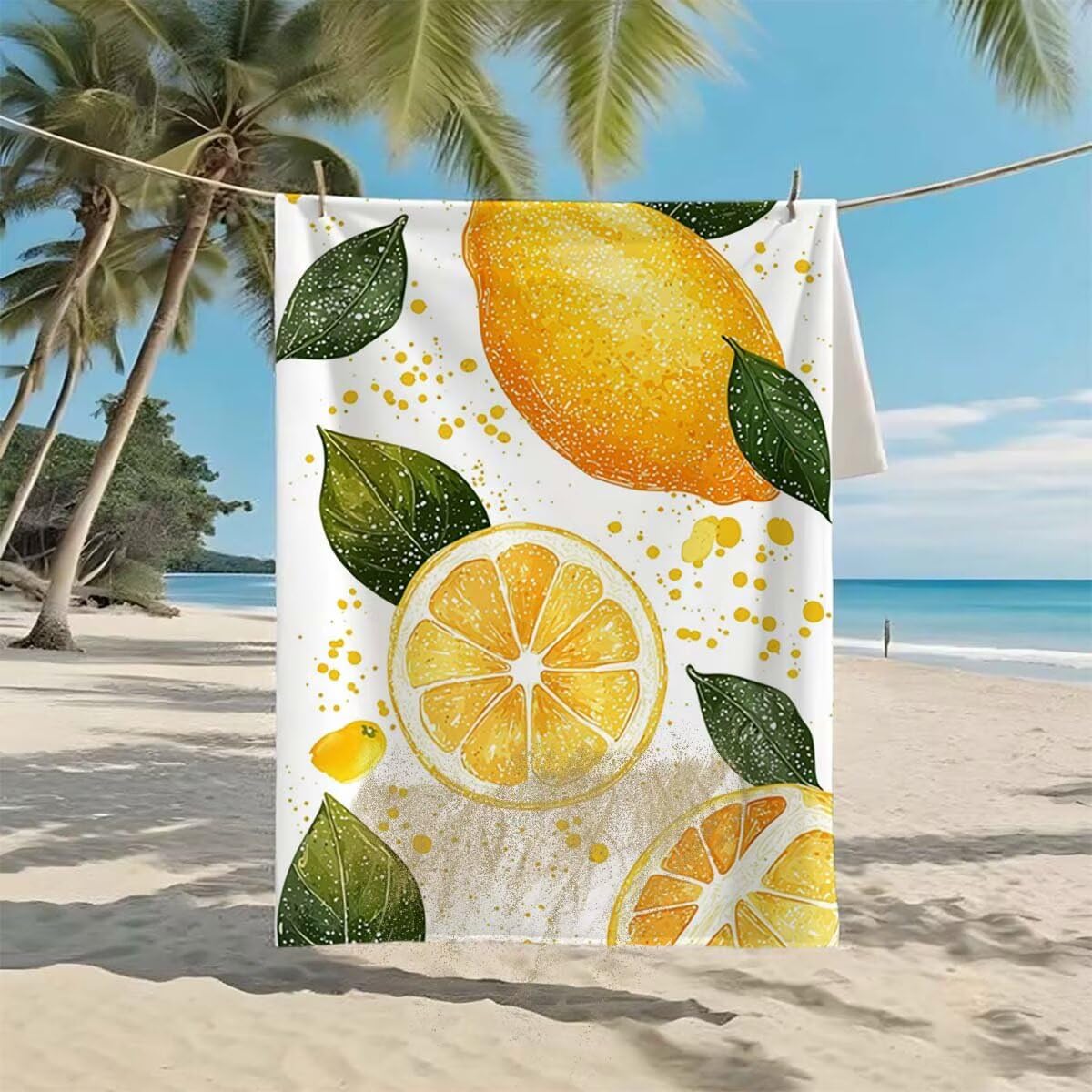 Serviette de Plage Citron Lot de 2 Serviette Microfibre Drap de Plage XXL 90x200cm/35x70cm, Séchage Rapide Anti Sable Drap de Bain, Vacances Plages Accessoire pour Voyages Camping Pique-nique A-59