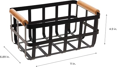 Miniatura 10 de Simplify Cesta de almacenamiento cuadrada de metal con asas de bambú  Mediano  Cesta de alambre estilo granja  Organizador para el hogar  Decorativo