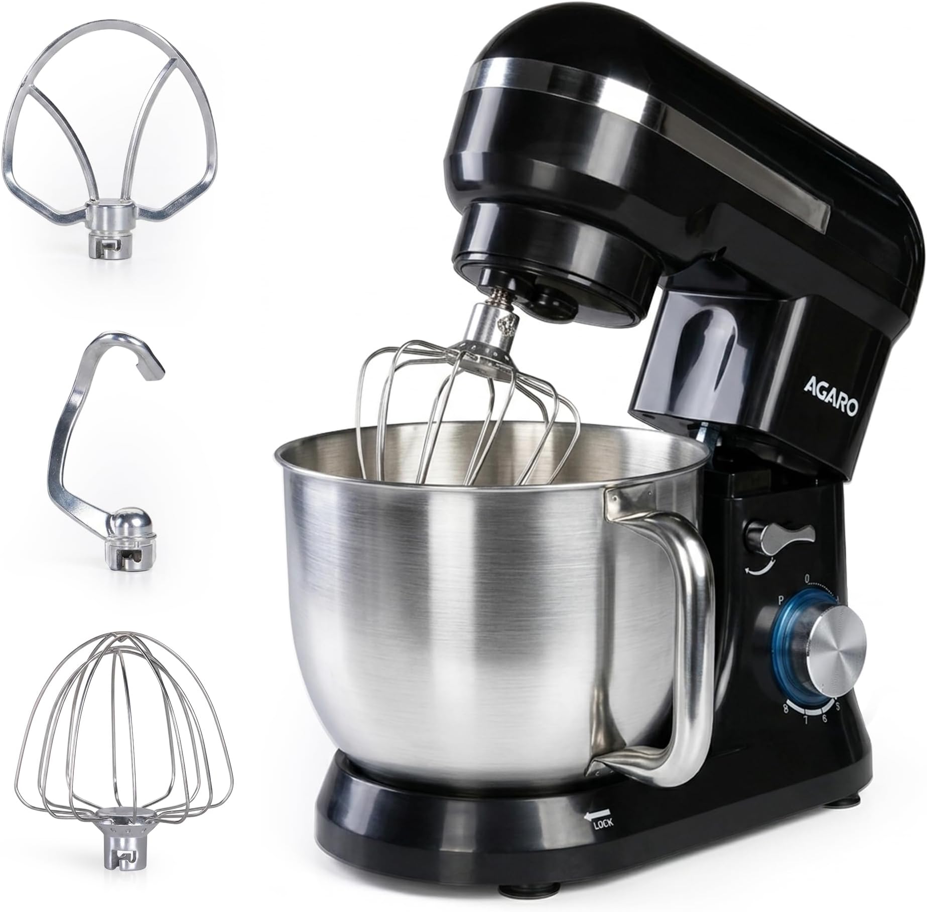 Royal Stand Mixer 1000W with 5L SS Bowl and 8 Speed Setting I Includes Whisking Cone, Mixing Beater & Dough Hook, and Splash Guard, 2 Years Warranty, (Black)