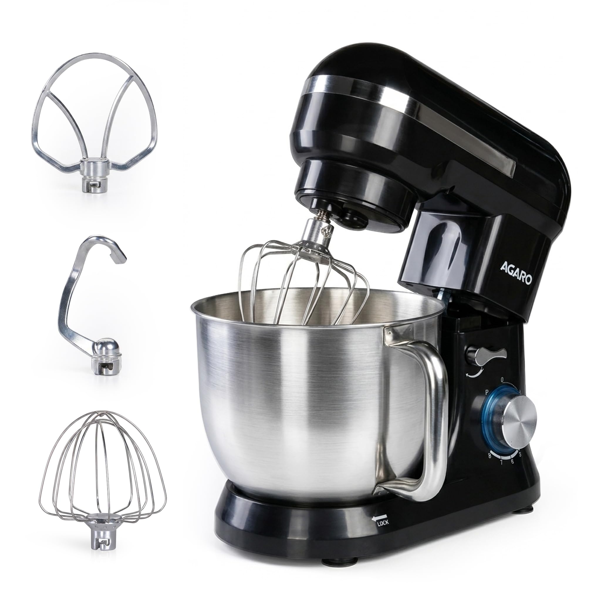 AGARO Royal Stand 1000W Mixer with 5L SS Bowl and 8 Speed Setting, Includes Whisking Cone, Mixing Beater & Dough Hook, and Splash Guard, 2 Years Warra
