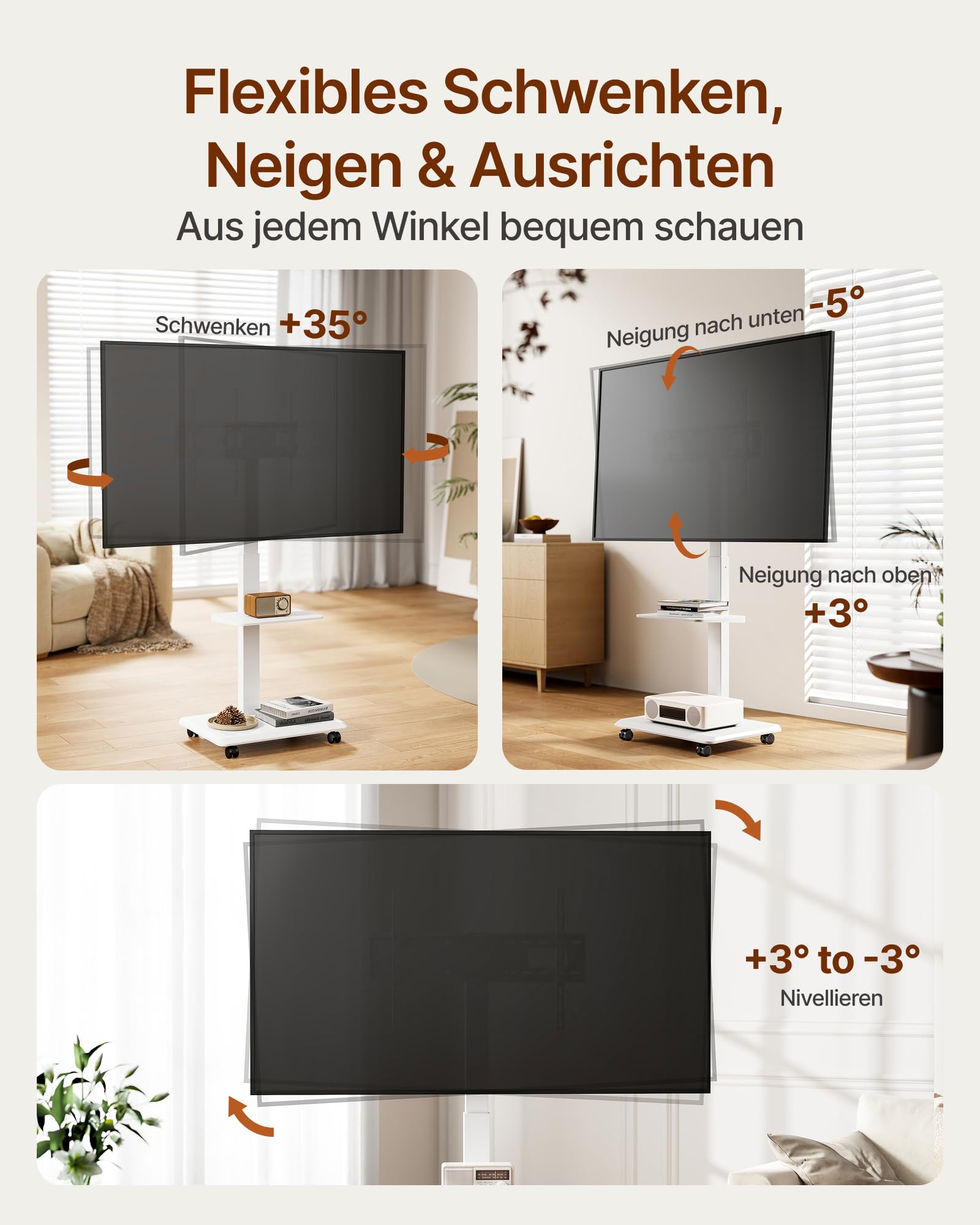 TV Ständer Rollbar für 37-75 Zoll bis zu 50kg, Max VESA 600x400mm | TV Standfüße mit Steckdose, Versteckter Kabelverwaltung, Höhenverstellbar, Schwenkbar, Neigbar, 2-Fache Tragkraft, Weiß