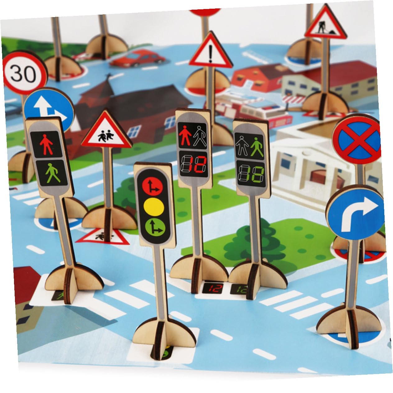 GARVALON Giocattolo Stradali in Legno per Bambini, Set 30, Gioco di Simulazione Sicuro per Veicolare e Apprendimento Precoce