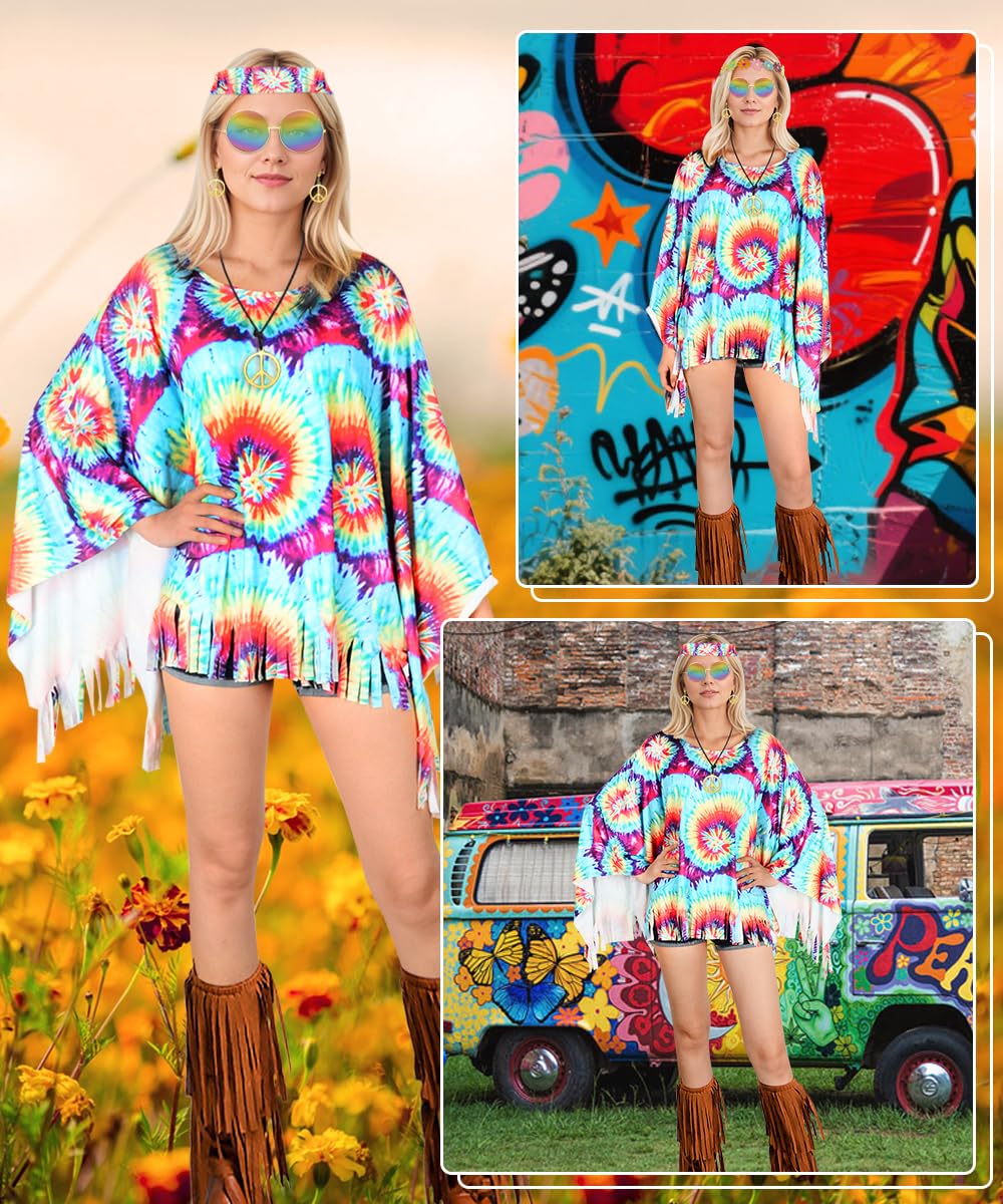 Disfraz Hippie Mujer, Conjunto de Disfraz Hippie Años 60, Disfraces de Hippies para Mujery Otros Accesorios, Hippies Capa Años 70 de Discoteca para Fiestas y Halloween