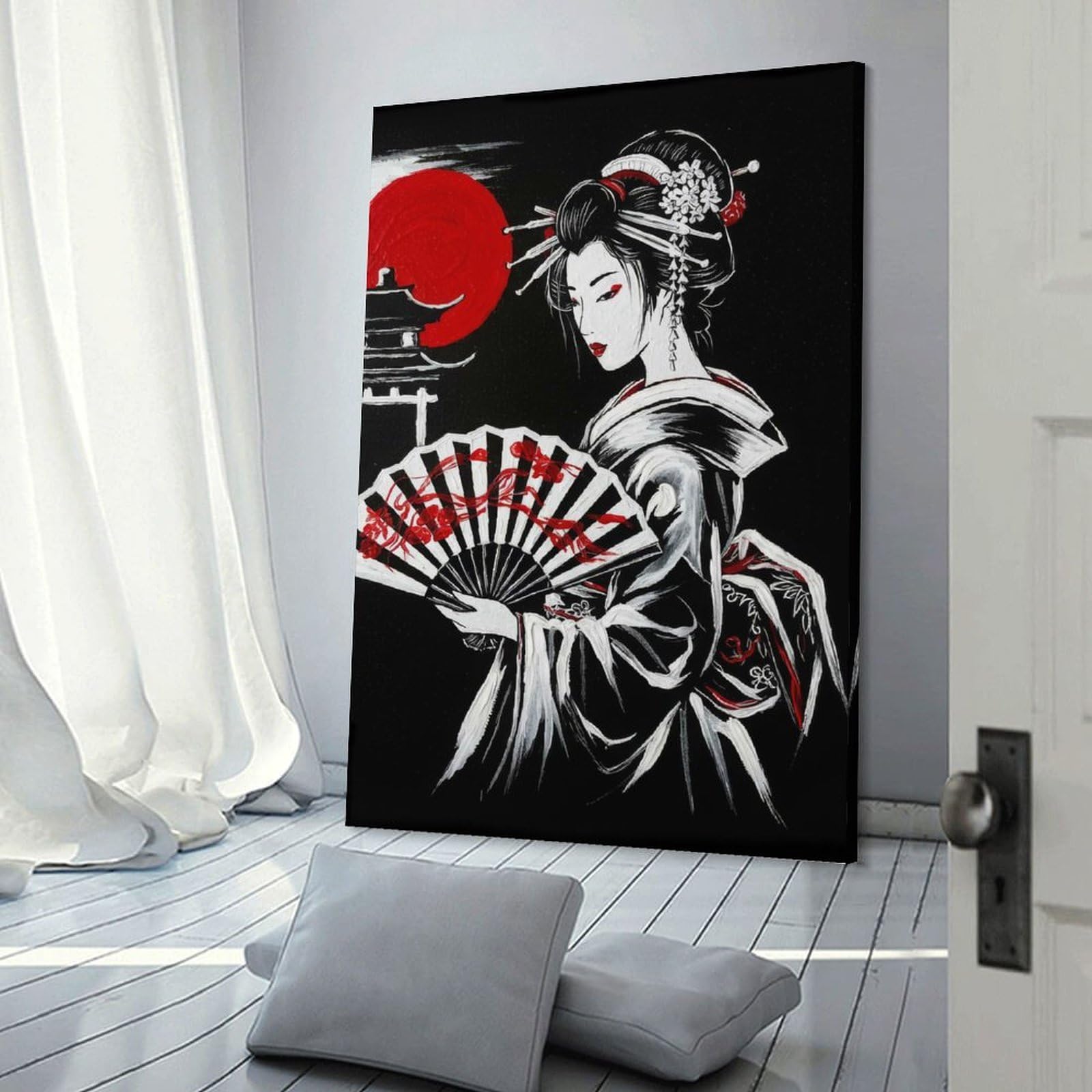 Junmoney Frame-Style-21 Home Decor Wall Art Geisha With Fan In Black And White, 08X12inch(20X30cm), For Bedroom Decor, Cosy Corners Or Studios, Decorative Wall Art For Cosy Rooms