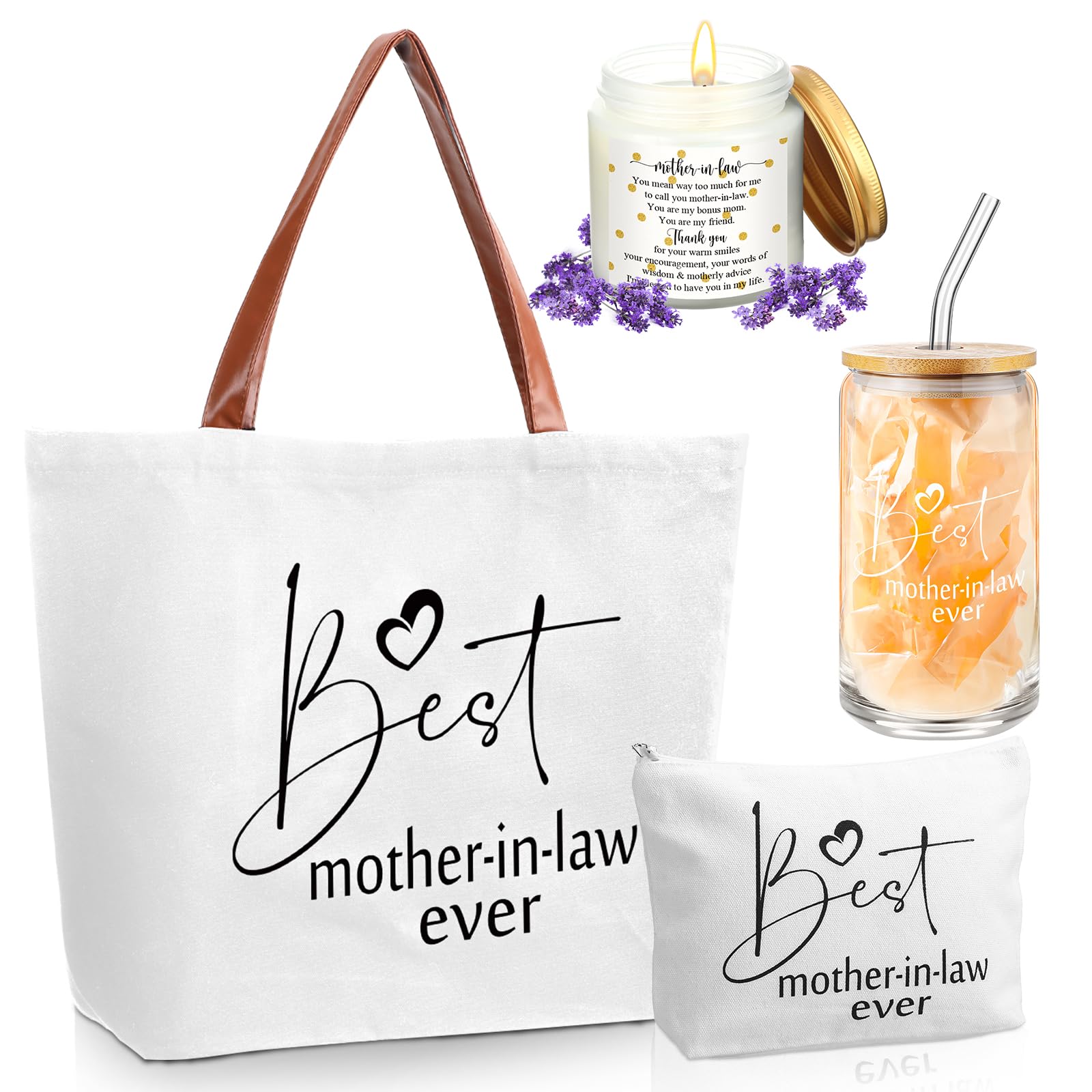 SilTriangle 4 Pcs Mother in Law Gifts Best Mother in Law Ever Gift Include 16 oz Glass Cup with Lid and Straw Tote Bag Makeup Bag 3. 5 oz Scented