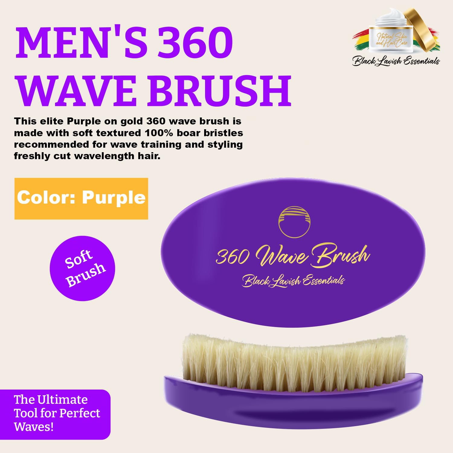 360 Wave Brush, Build Deeper Waves, Soft & Hard Boar Bristle Curved Brushes BLACK LAVISH ESSENTIALS Gold Bristle (Soft Brush, Purple)