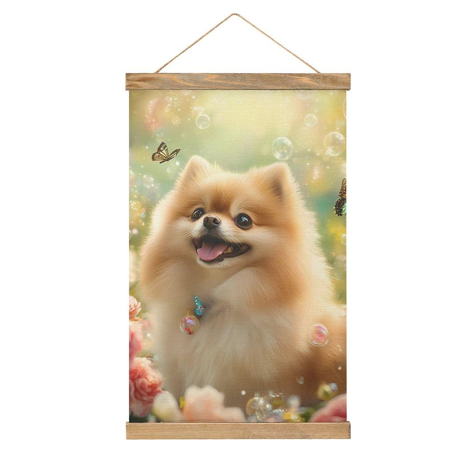 CGSBNGHA Pomeranian Dog Butterfly Wall Art Prints Linen Hanging Painting Scroll Paintings Pictures Decor for Home