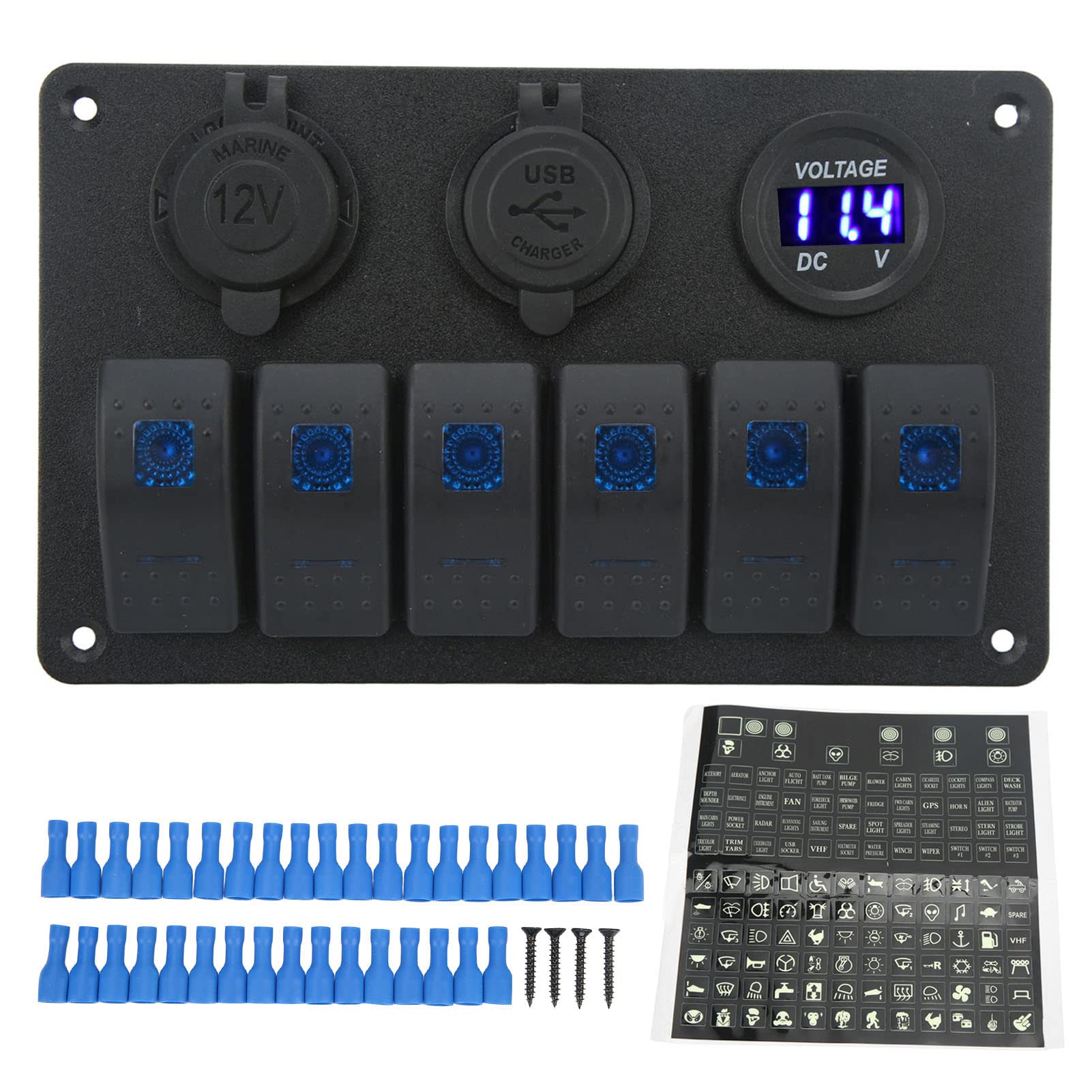 Panel przełączników kołyskowych SustVita 6-krotny 12 V 24 V z podwójnym portem ładowarki USB i woltomierzem LED do samochodów kempingowych, przyczep kempingowych i SUV-ów