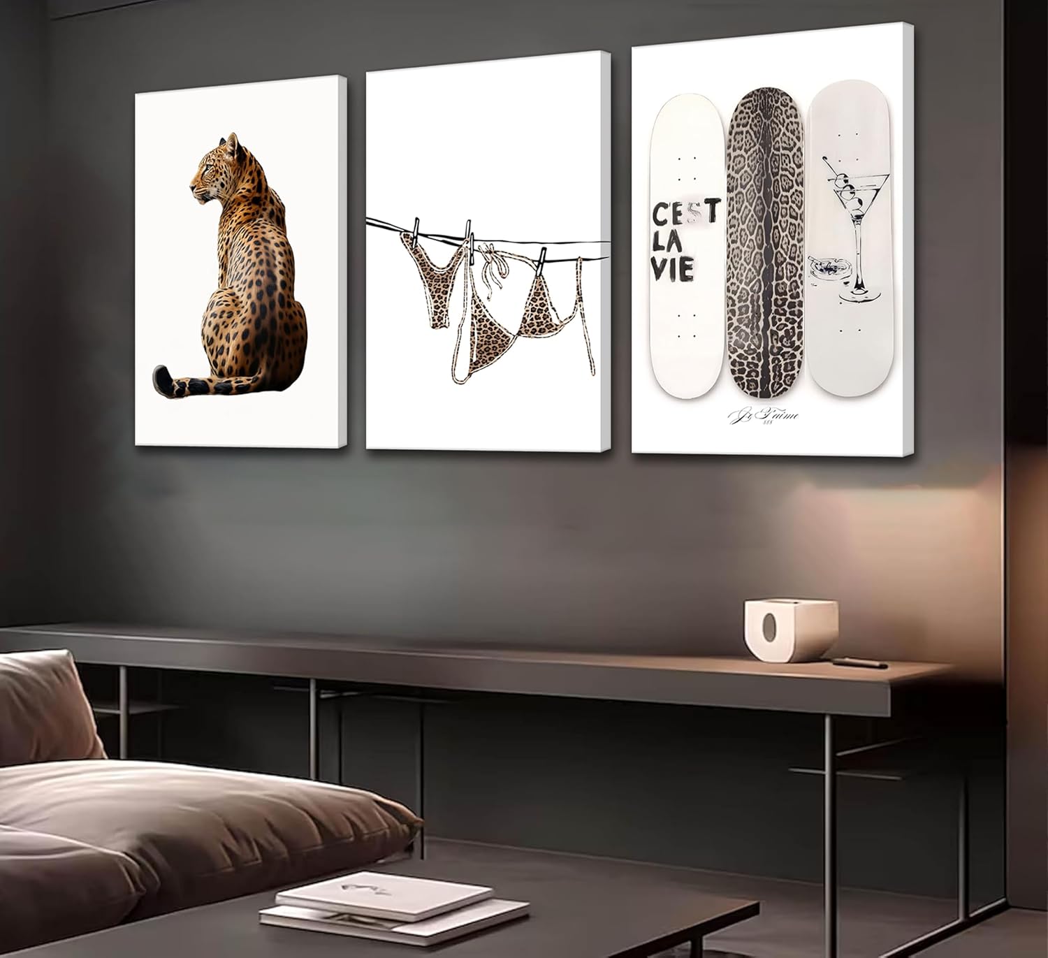 TOLAN 3Pcs Trendy Leopard Print Canvas Wall Art Stylish Female Aesthetic Poster Cheetah Printed Preppy Fashion Skateboard Picture Wall Decor for Bedroom Apartment Dorm Living Room Home Decoration