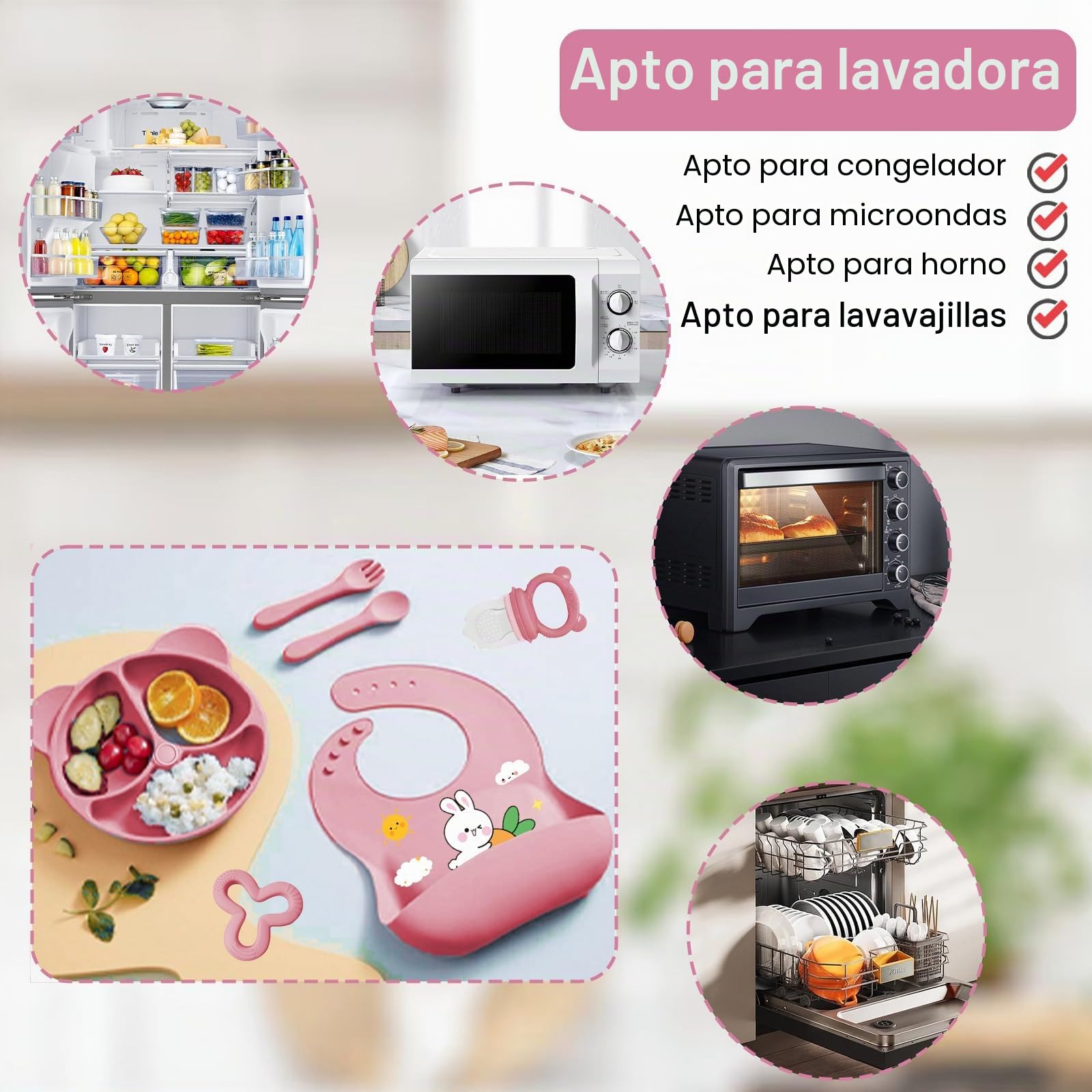 Vajilla Bebe Silicona, 11 Piezas Vajilla de Silicona para Bebés Antideslizante, Cubiertos Bebe para Comer Destete, Con Babero Taza Plato Cuenco, Juegos de Vajilla Bebe, Sin BPA (Rosa oscuro)