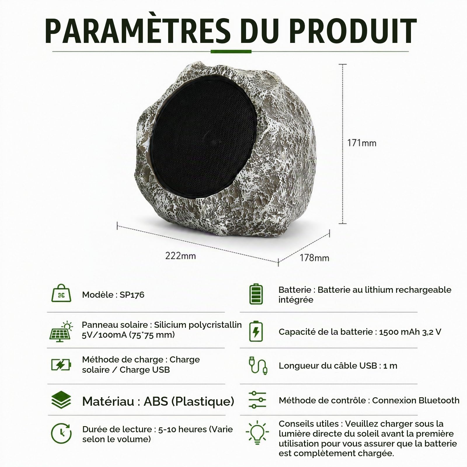 Enceintes Bluetooth étanches énergie Solaire extérieur, Gris | Rechargeable solaire et USB, Design pierre réaliste, Audio basses profondes, Pour jardin, terrasse, cour, pelouse