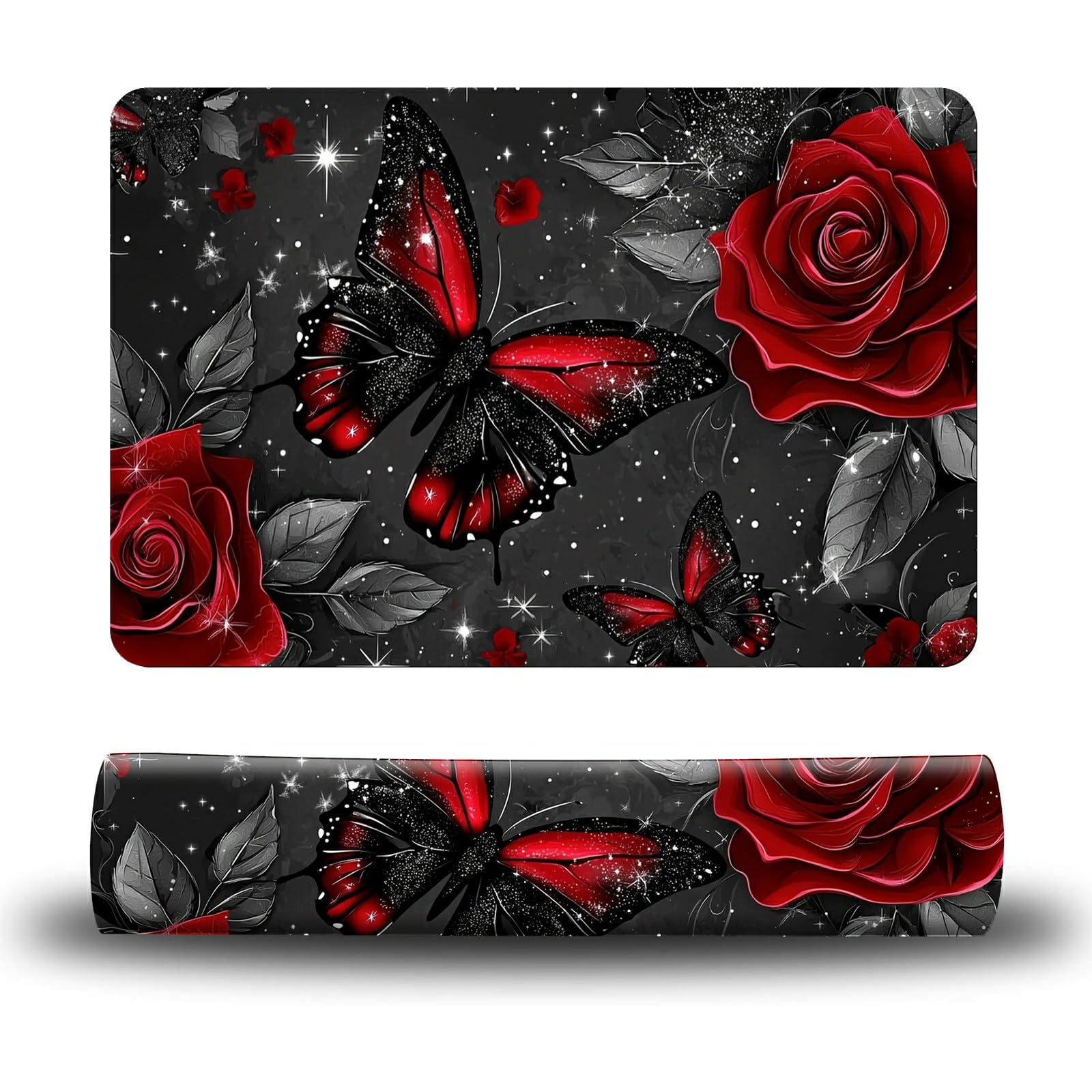 Dikoer Dog Food Mat, 19.6" x 23.6" Absorbent Pet Feeding Mat for Food and Water, Waterproof Diatom Mud Pet Placemat with Non-Slip Rubber Backing, Cat Bowl Mat for Floors - Red Rose Butterfly