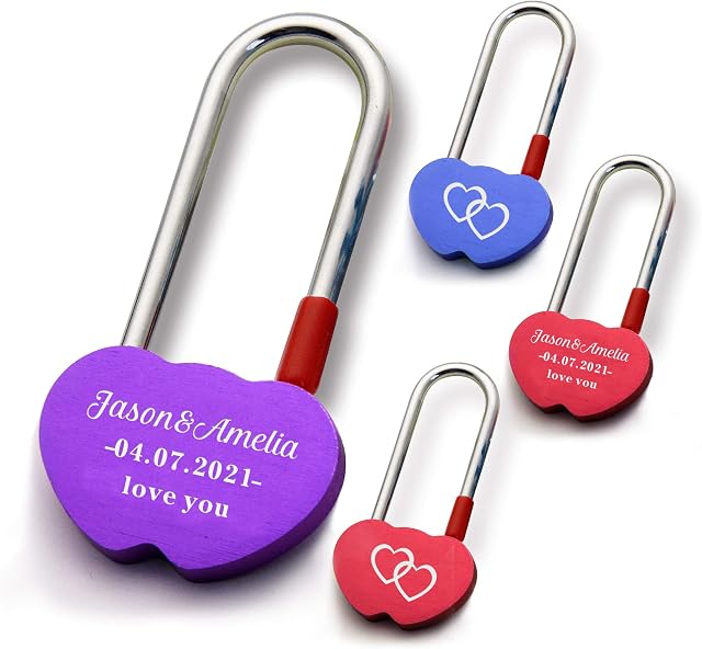 Personalised Love Lock for Her Engraved Padlock for Him Girls Couples Lover Custom Gift for Birthday Trip Travel Anniversary Wedding Valentines Day in Double Heart Shape (Purple)