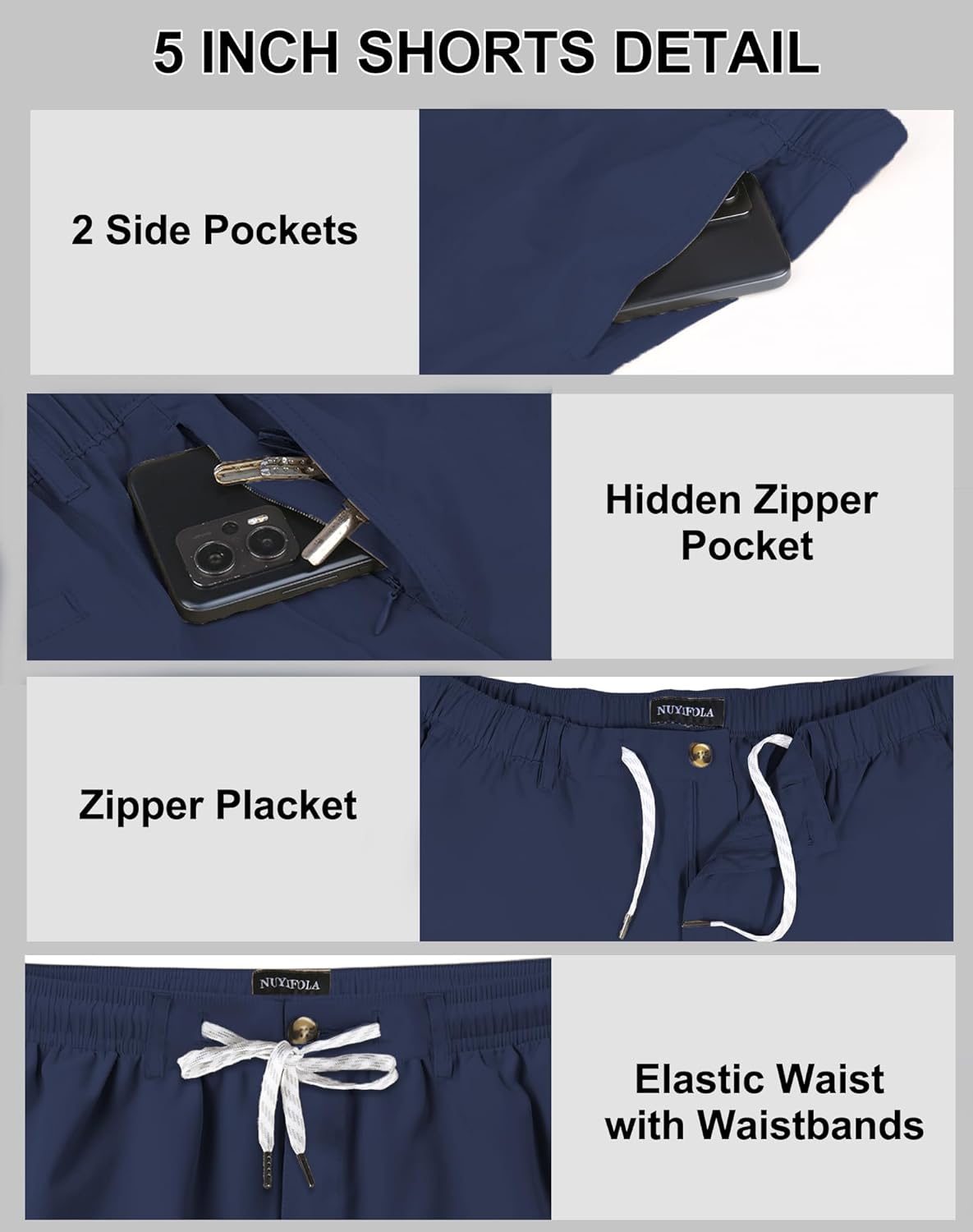 Mens 5.5 Inch Casual Shorts Pull on Drawstring Short Inseam Dress Golf Stretch Zip Pockets Summer Waterproof - Image 3