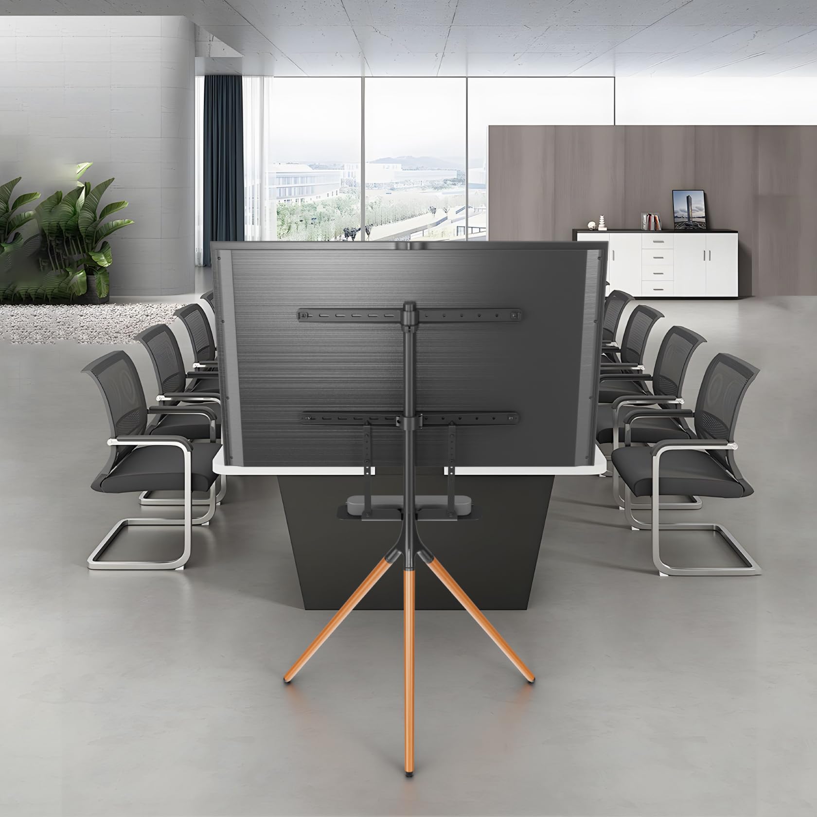 UPGRAVITY Cavalletto per TV a schermo piatto da 45-65", treppiede regolabile in altezza con ripiano soundbar, supporto da pavimento portatile per TV con fascette per cavi, girevole a 180°, max. VESA