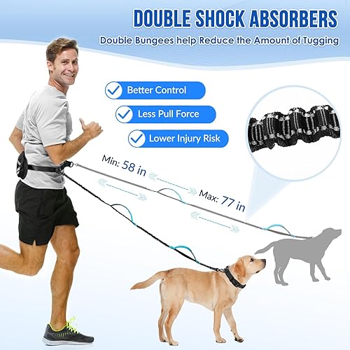 Miniatura 5 de SlowTon Correa para perro manos libres, con bolsa extraíble con cremallera, cuerda elástica que absorbe los golpes, doble asa y costuras