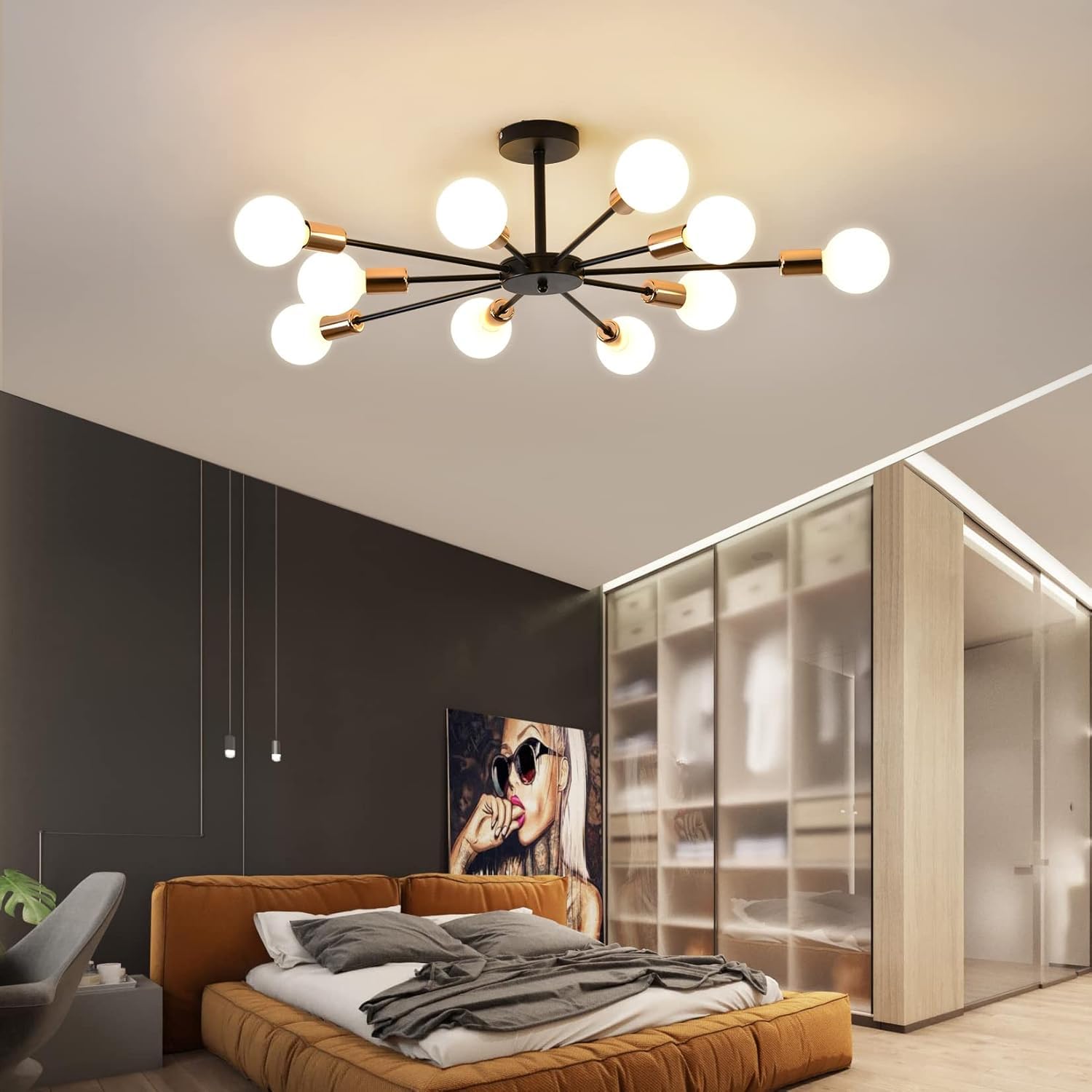 Sputnik Kronleuchter Deckenlampe, 10-Licht E27 Pendelleuchte Hängelampe Moderne Schwarze LED Deckenleuchte Industrie Kronleuchter Wohnzimmerlampe für Küche Schlafzimmer Wohnzimmer Esszimmer