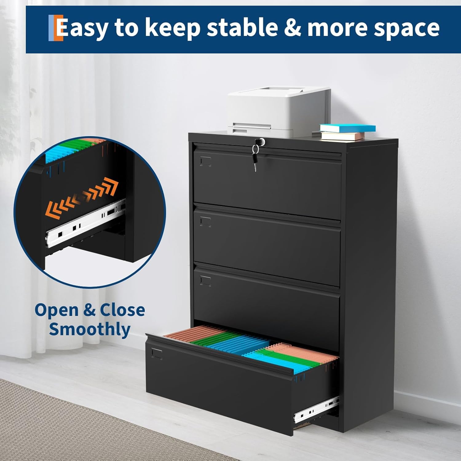 4-Drawer Lateral File Cabinet with Lock, Heavy Duty Metal Office Storage for Letter/Legal/A4 Files, Secure Document Organizer, Easy Assembly, Space-Saving Design (Black)