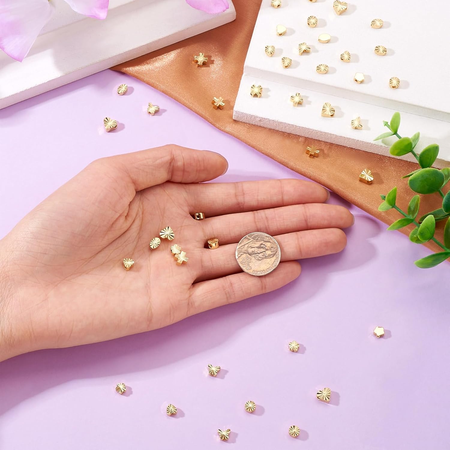 KISSITTY 42 Pcs Real 18K Gold Brass Beads Golden Spacer Beads Heart Oval Butterfly Flower Cross Loose Spacer Bead for Jewelry Making DIY Friendship Bracelets Necklace Earring Craft Pendants Decorate - Image 6