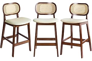 Upscale Counter Height Bar Stools Set of 3, Rattan Barstools with Back and Wood Frame