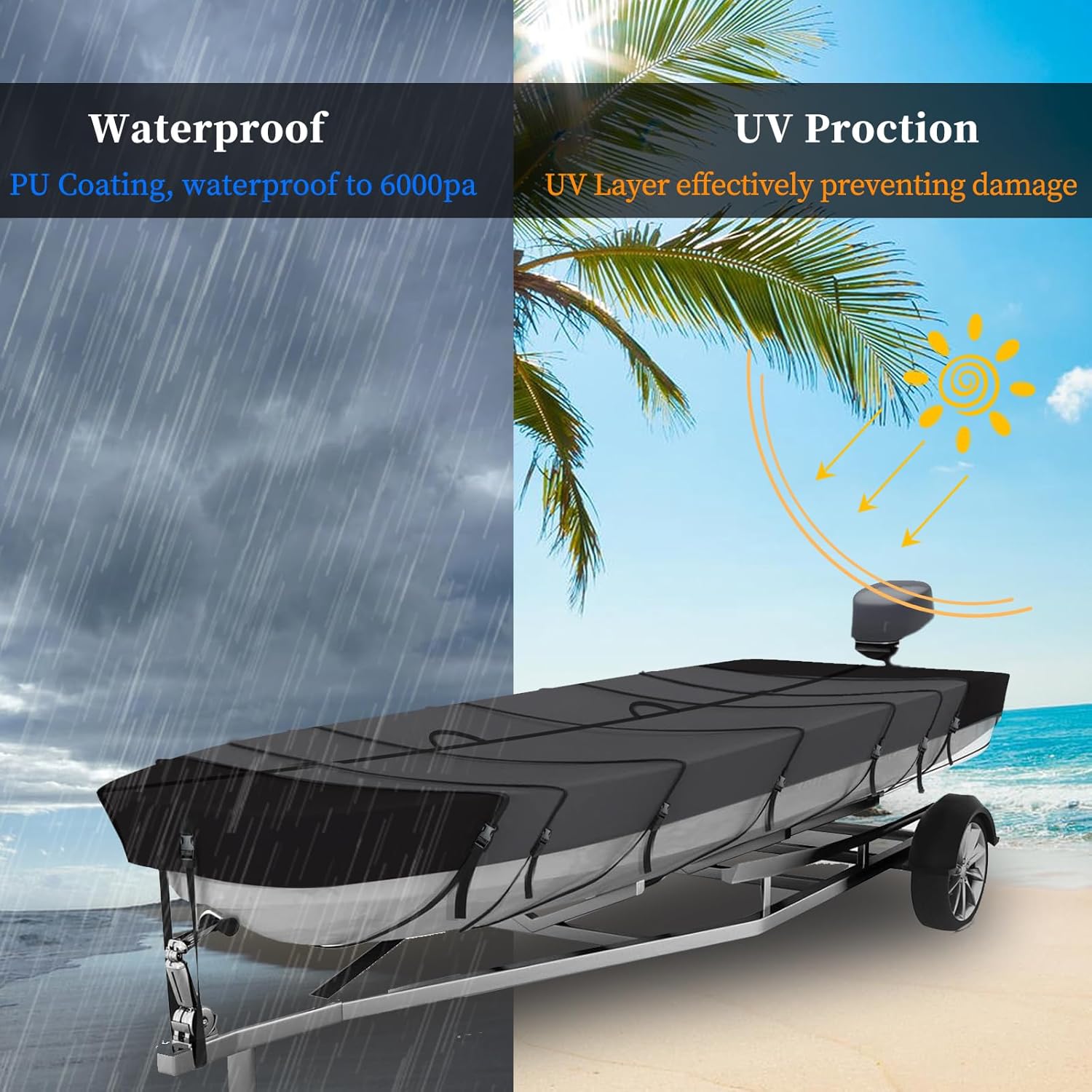 Jon Boat Covers 14-16 ft Heavy Duty Waterproof 420D Marine Grade UV Resistant, Fits 14ft Long and Beam Width up to 70 inches, Gray (14-16FT)