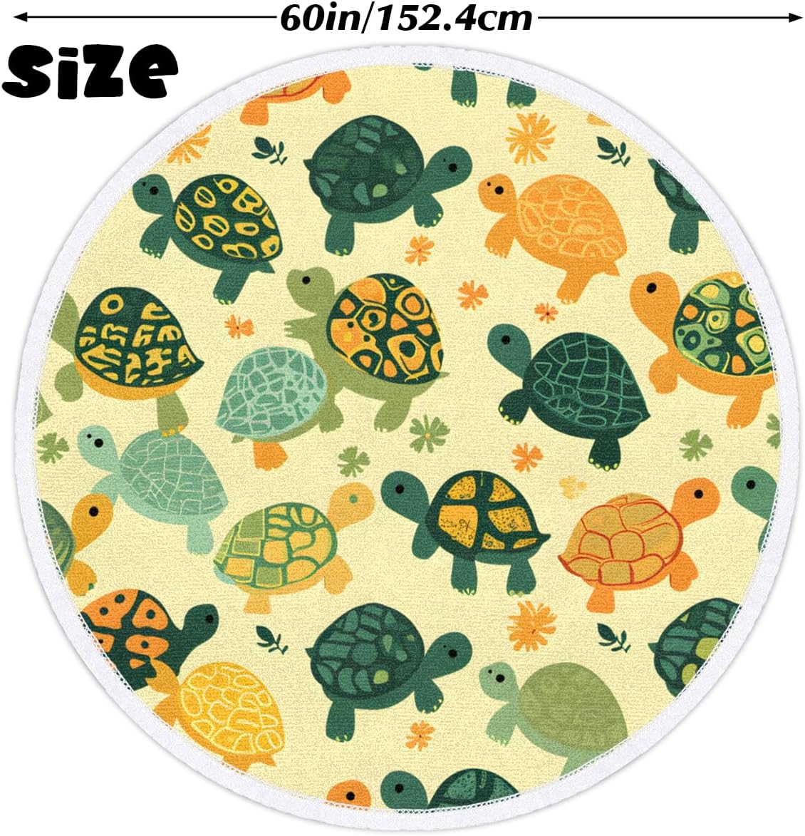 Turtle Cartoon Colorful Cute Round Beach Towel, 60" x 60" Oversized Absorbent Quick Drying Soft Sand Free Tapestry, Yoga Towels Blanket Picnic Mat for Bathroom Pool Surf Travel Outdoor Meditation