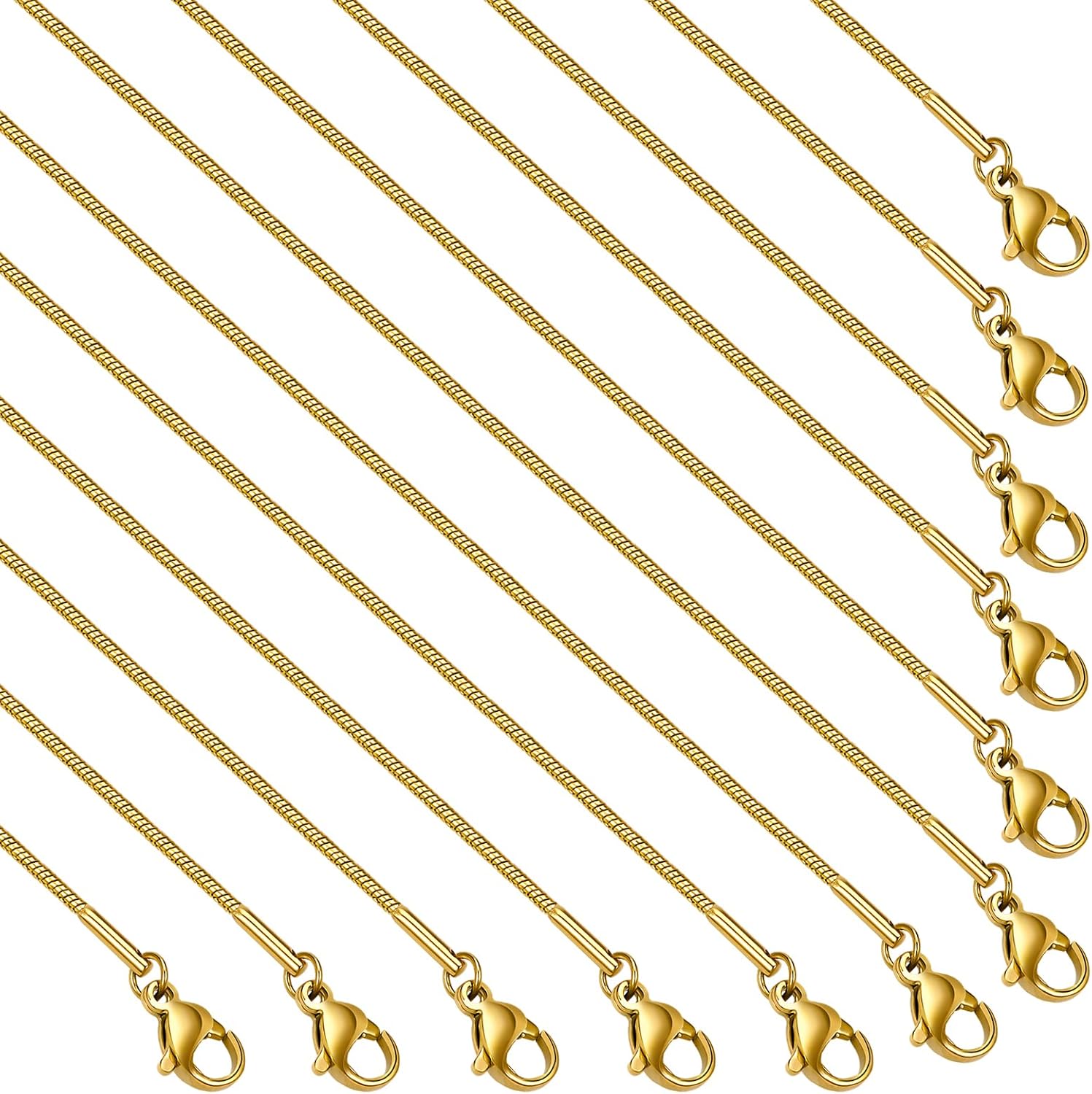 12 Pack Gold Necklace Chains 1.0 mm Thin Snake Stainless Steel Adjustable Necklace Chain Bulk for DIY Jewelry Making 20 Inches