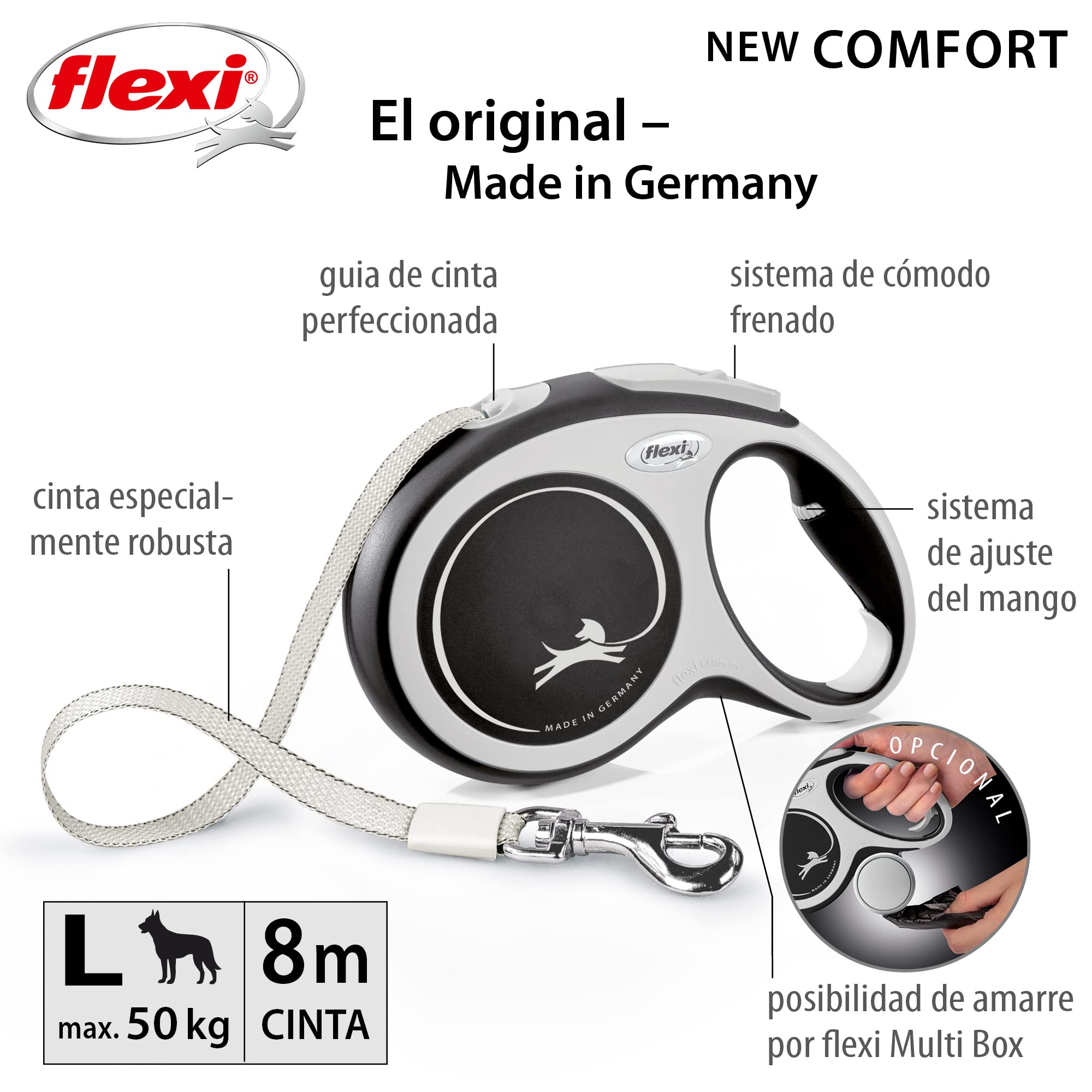 Flexi® Comfort L Cinta 8 m Negro, Correa Extensible para Perros hasta máx. 50 kg