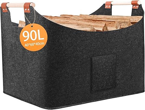 Canasta De Leña 40 x 40 x 60 cm 96L, Cestas De Fieltro Súper Gruesas Y Manijas De Madera Maciza, Cesto Leña, Fieltro De Bolsa De Leña Plegable, Disponibles Para Compras, Madera, Juguetes, Etc
