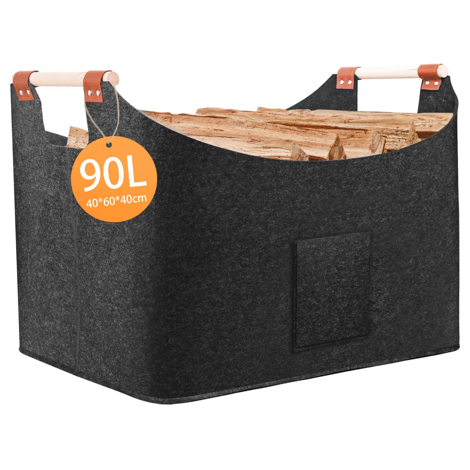 Canasta De Leña 40 x 40 x 60 cm 96L, Cestas De Fieltro Súper Gruesas Y Manijas De Madera Maciza, Cesto Leña, Fieltro De Bolsa De Leña Plegable, Disponibles Para Compras, Madera, Juguetes, Etc