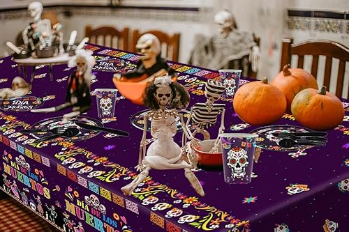 Miniatura 6 de USERTEN 97 piezas de suministros de decoración de fiesta del Día de los Muertos con calavera de azúcar, juego de vajilla mexicana para 12 invitados,