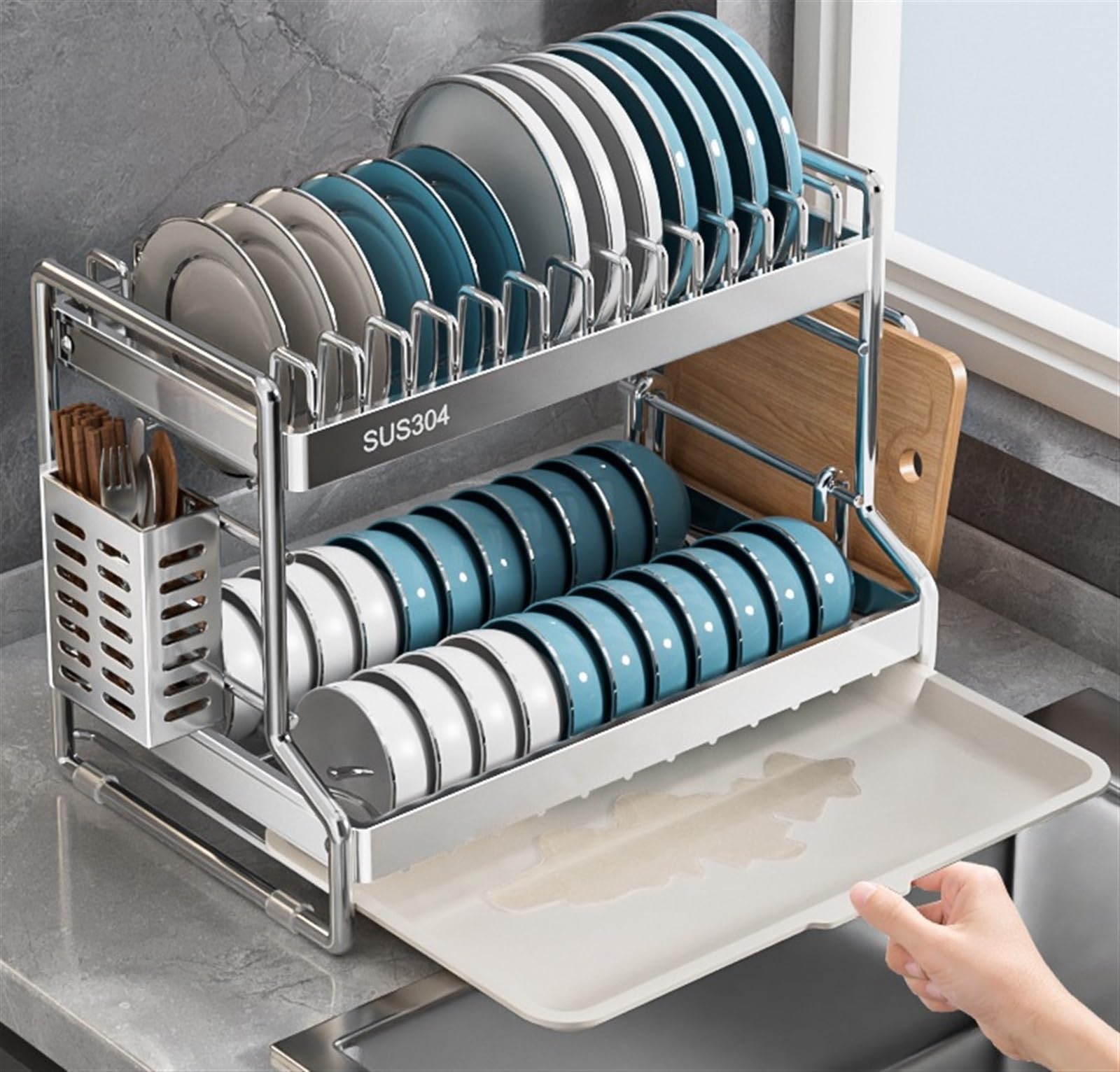 Escurreplatos De Cocina Escurreplatos De 3 Niveles con Soporte para Utensilios, Soporte para Tabla De Cortar Y Escurridor De Platos para Cocina Escurridor De Platos(42 * 24.5 * 30cm)