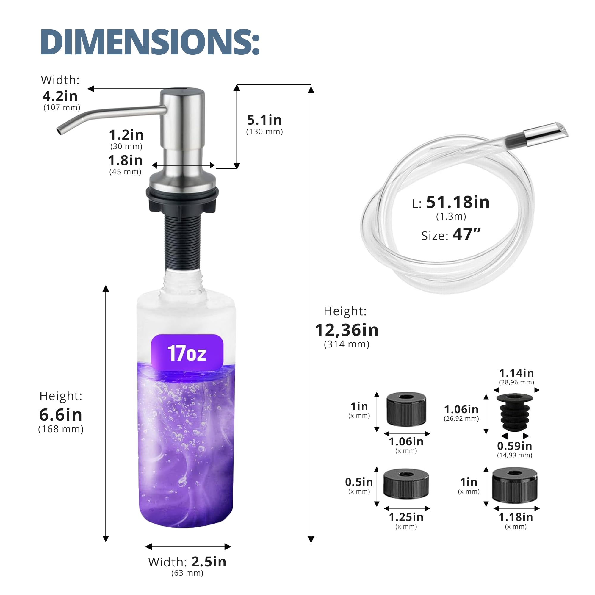 SBEN Dispensador de jabón integrado para fregadero de cocina, bomba de níquel cepillado, botella recargable de 17 onzas y kit de tubo de 47 pulgadas, válvula de retención de metal mejorada,