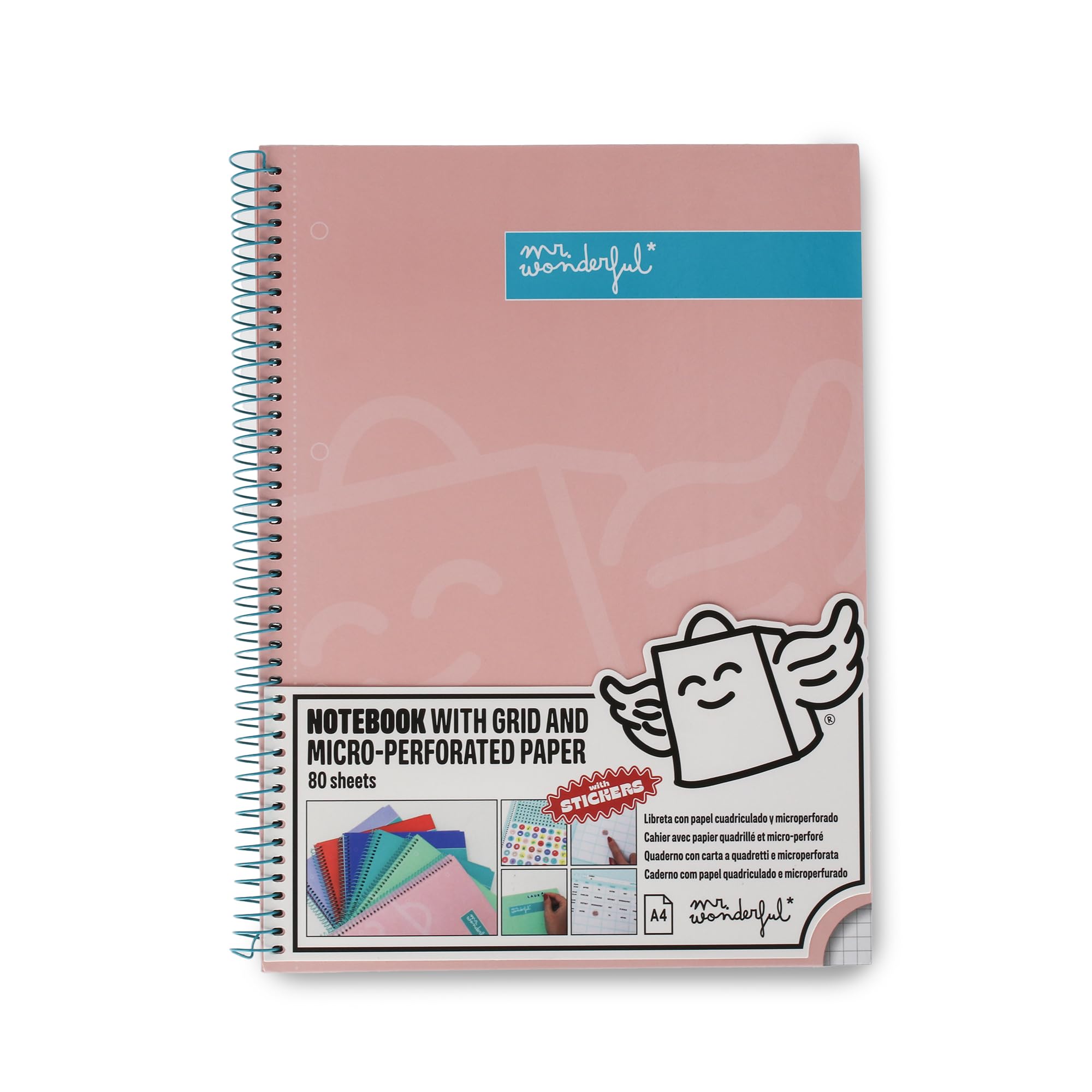 Mr. Wonderful - Pink A4 notebook - Grid and micro-perforated sheets - 80 pages - Extra hard cover - Spiral bound - Stickers included