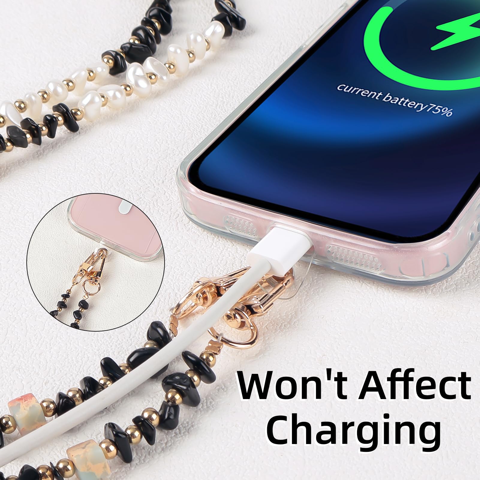Cordon Téléphone En Pierres Naturelles Multicolores Avec Patch – Sangle De Cou Anti-Perte Pour Coque Intégrale, Femme Et Fille