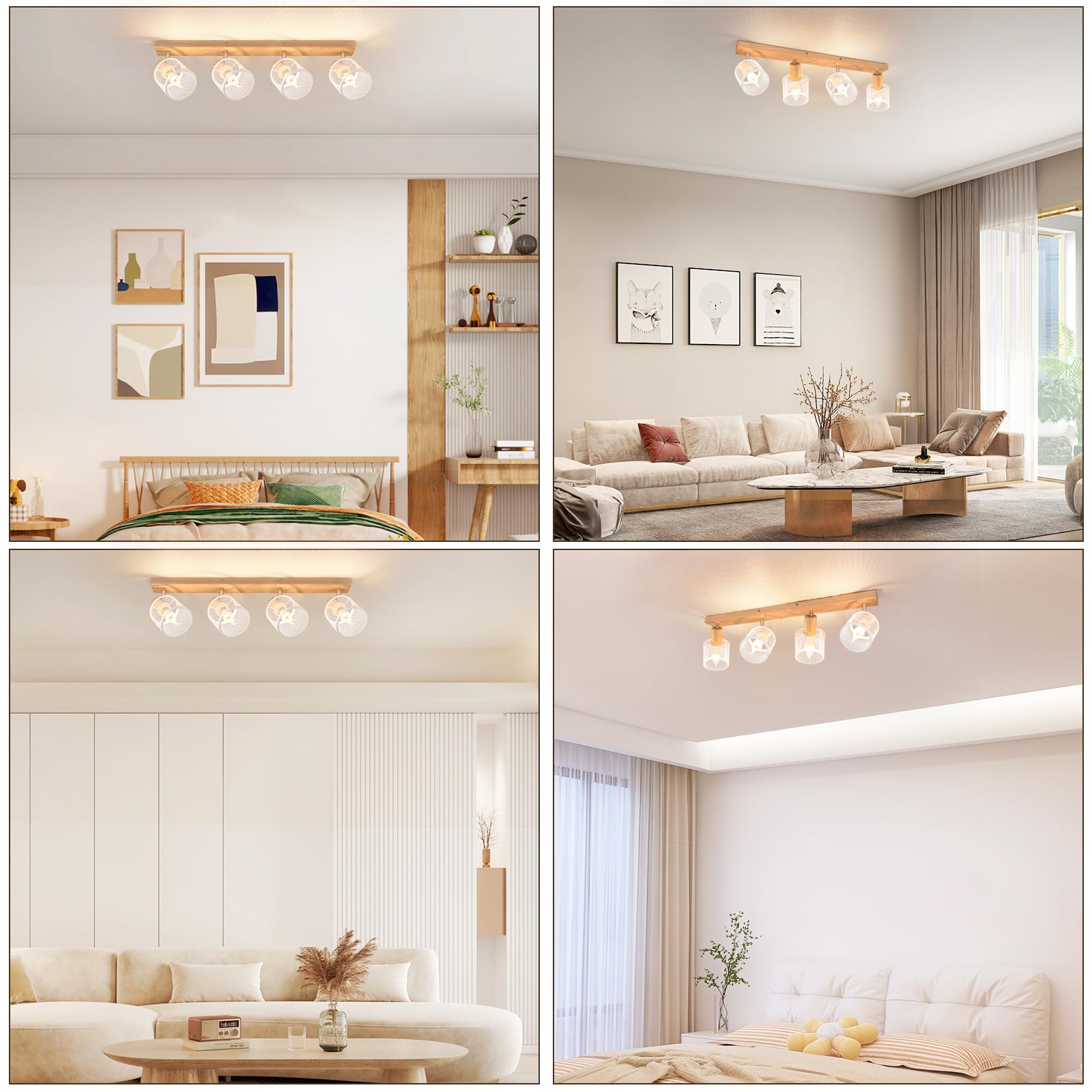 Deckenstrahler 4 Flammig Deckenleuchte Holz - Deckenlampe Vintage | Wohnzimmer Weiß Strahler Schwenkbar E14 Deckenspot Spots Flur Schlafzimmer Küche Esszimmer-Ohne Leuchtmittel