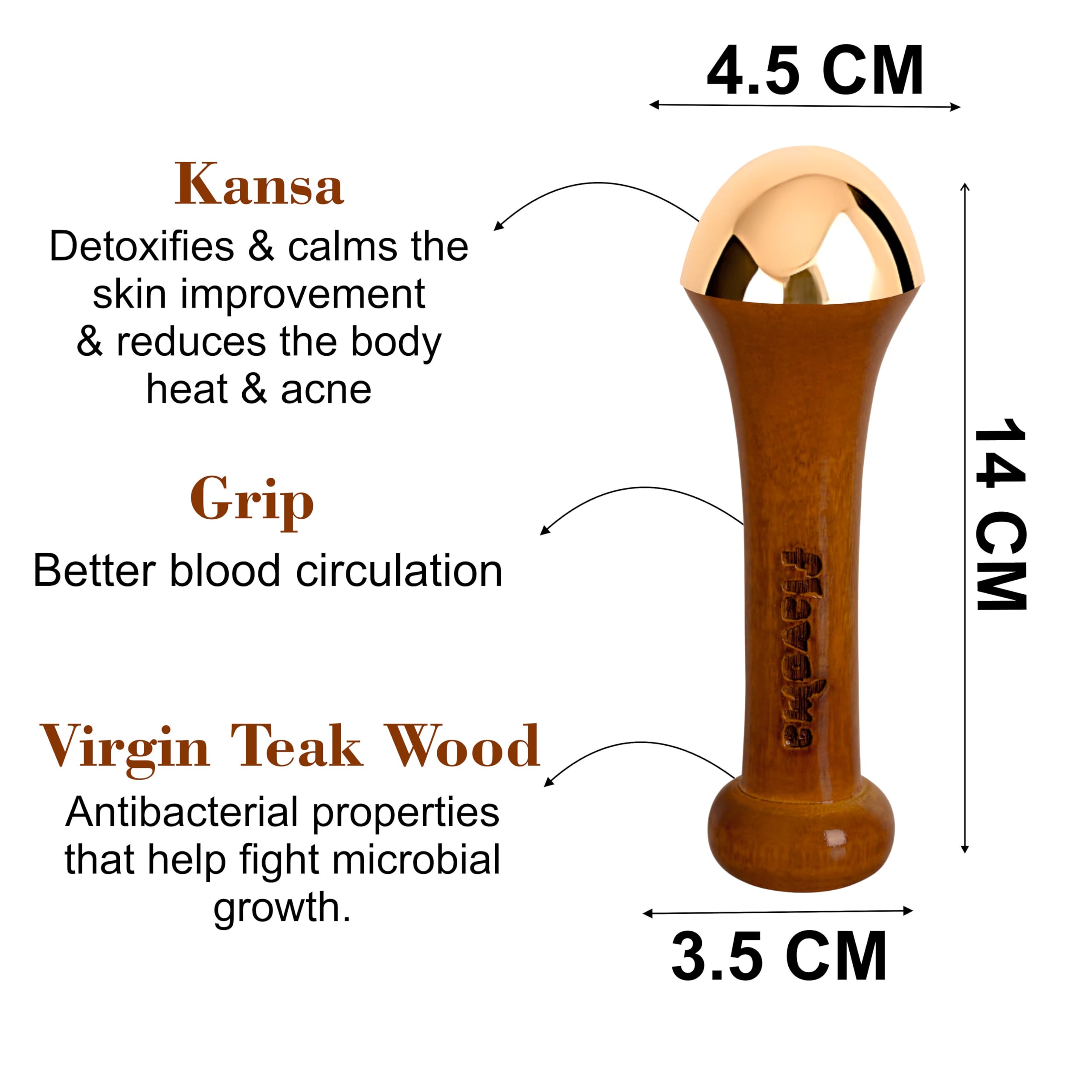 Flavoma Traditional Kansa Wand Massage Tool (4.5 cm Bronze) | Teak Wooden Handle With Small Bronze Metal Dome, Natural Brown | Massage for Back, Neck, Shoulders & Legs 2
