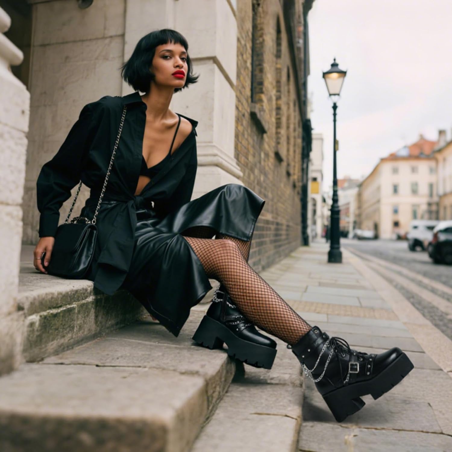 Women's Goth Platform Boots Punk High Chunky Heel Lace Up Round Toe Ankle Boots Chains Buckle Side Zipper Motorcycle Combat Boots