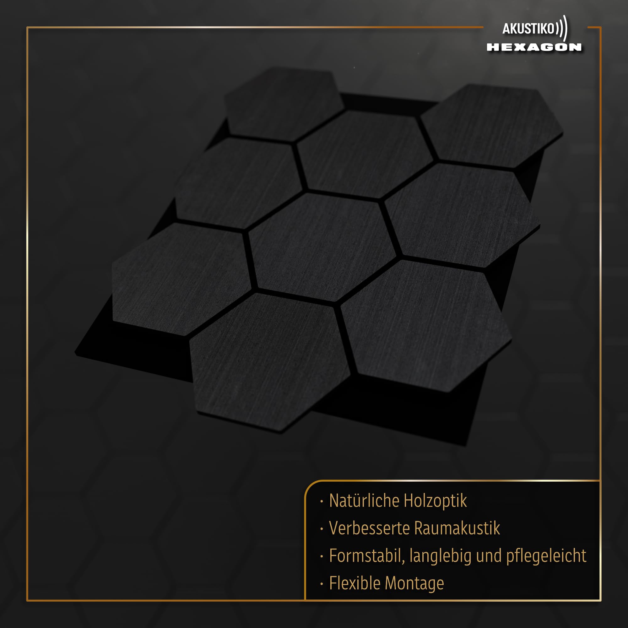 Akustiko Hexagon 3D paneles acústicos pared, 3 uds., 567 x 693 mm, fieltro MDF, chapa efecto madera, para la decoración moderna de paredes decoración para estudio, (Black Oak)