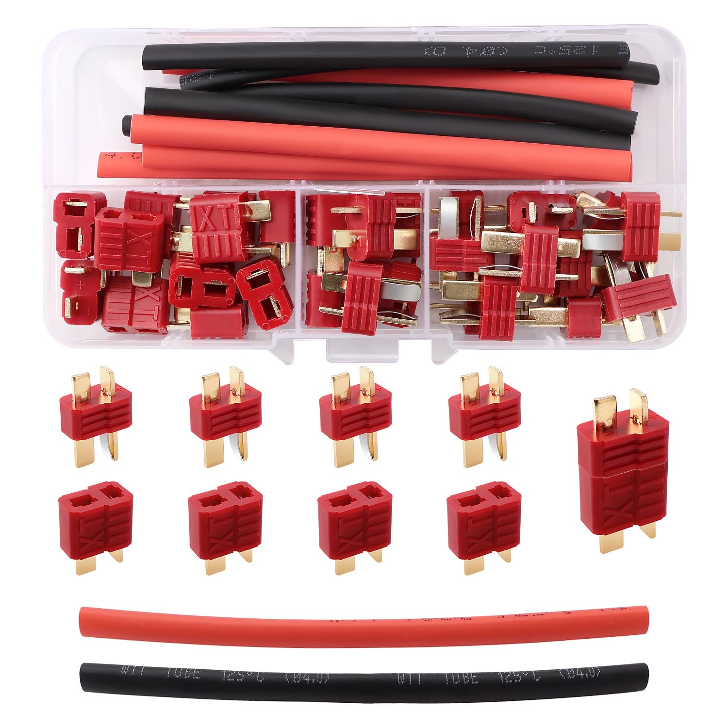 Lyeteung 15 Pairs Non-Slip T-Plug Connectors, Deans T Male Female Plug Connectors Adapter with Heat Shrink Tubing, for RC Lipo Battery