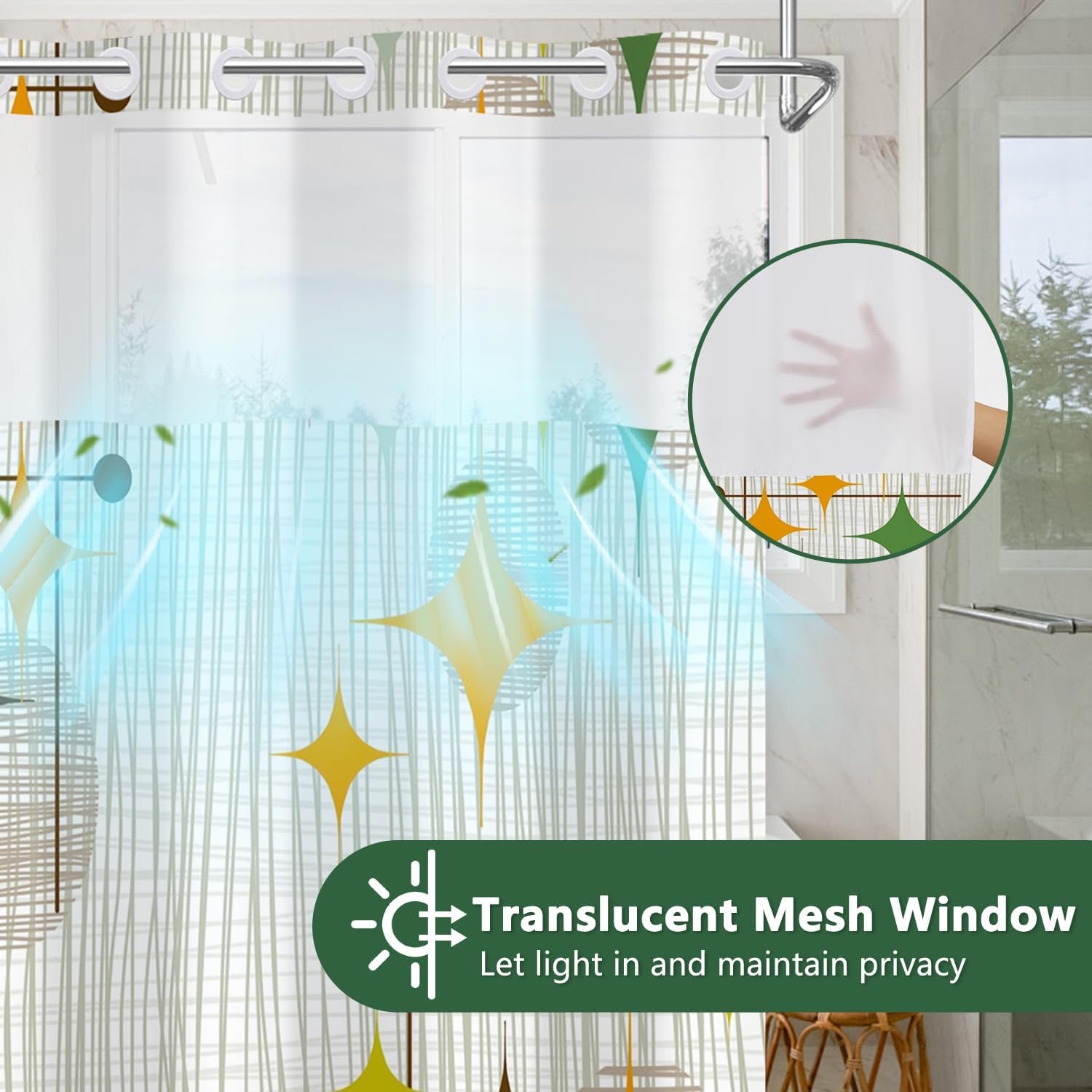 Mid Century Shower Curtain with Snap in Liner, Waterproof Washable Fabric No Hook Shower Curtain with Mesh Top Window, Retro Stars Abstract Geometric Vintage Boho Colorful Bath Curtains, 71x74 Inch