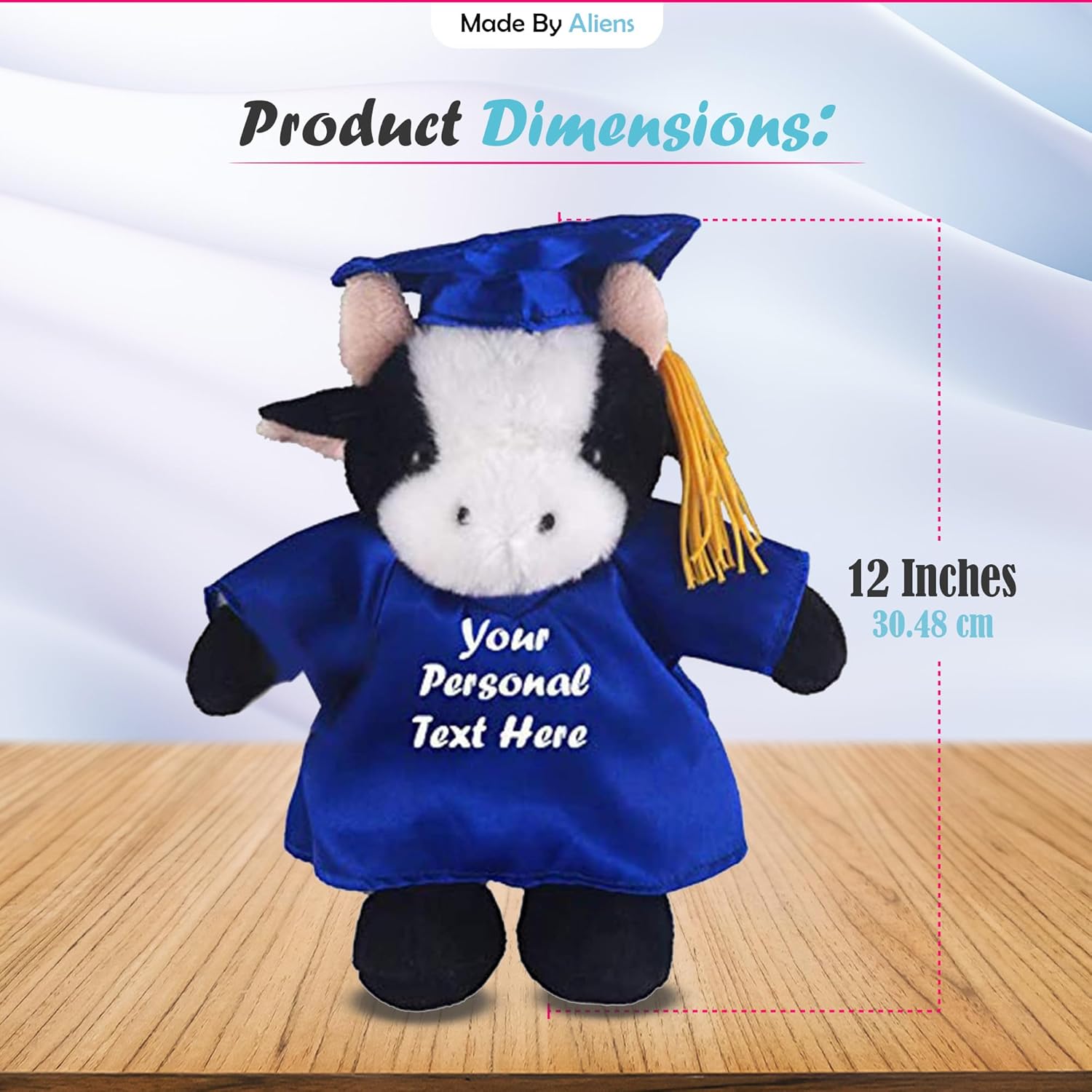 Plush Stuffed Animal Toys 12 Inches Present Gifts for Graduation Day, Personalized Text, Name or Your School Logo on Gown, Best for Any Grad School Kids (Graduation Cow Blue Gown)
