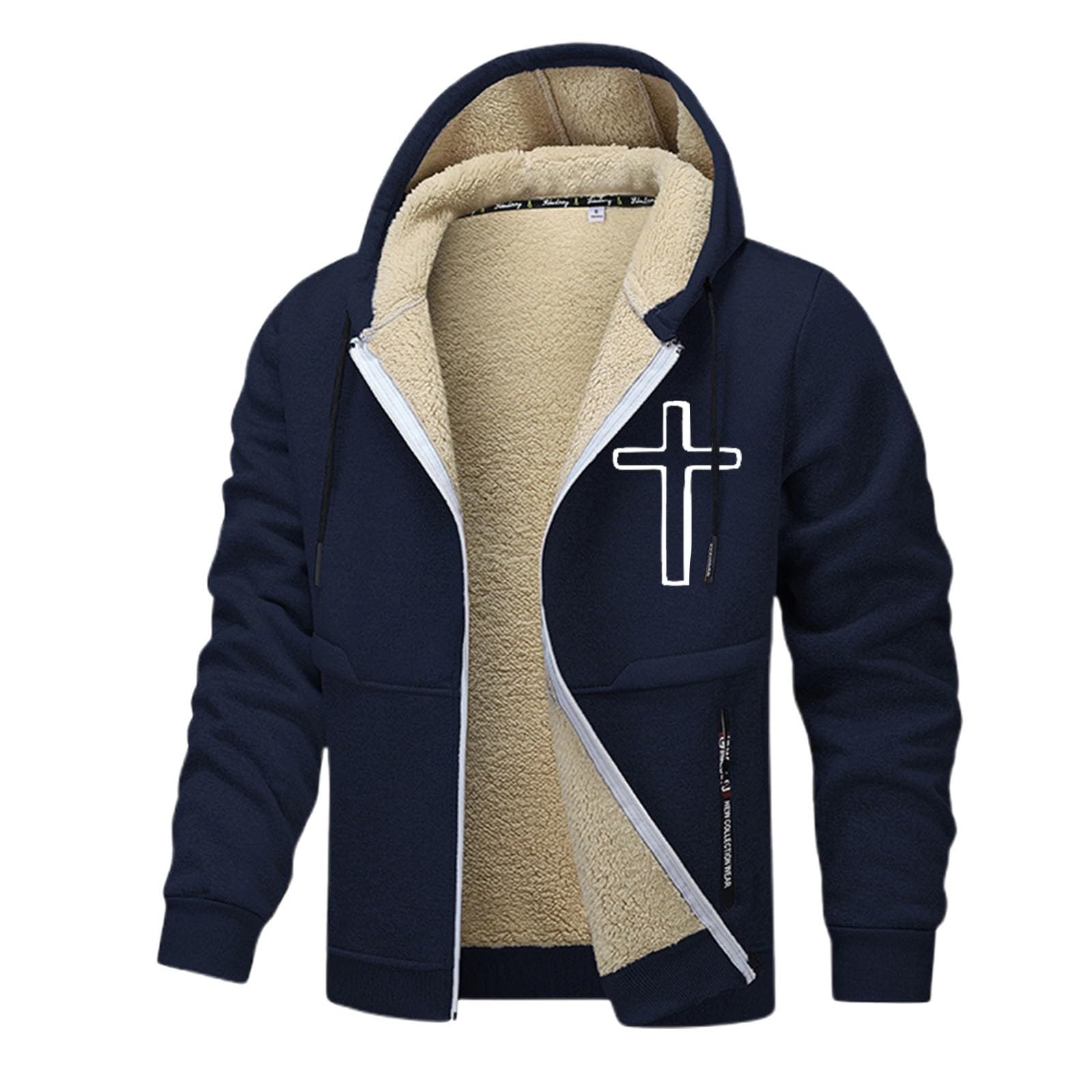 Generisch Veste polaire doublée avec capuche, manteau d'hiver chaud avec fermeture éclair intégrale, pull doux et chaud pour temps froid, douillet et confortable (bleu marine, XXXL)