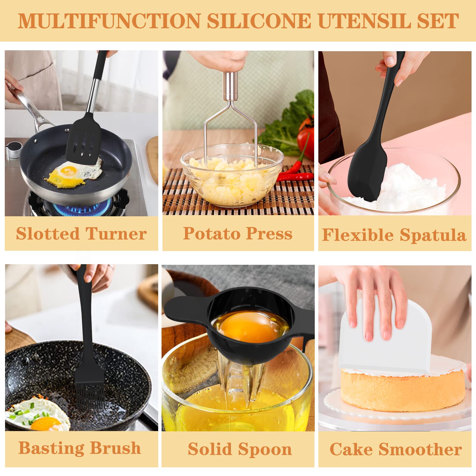 Umite Chef - Juego de utensilios de cocina de silicona, 43 piezas resistentes al calor, mango de acero inoxidable, herramientas de espátula de cocina para utensilios de cocina antiadherentes
