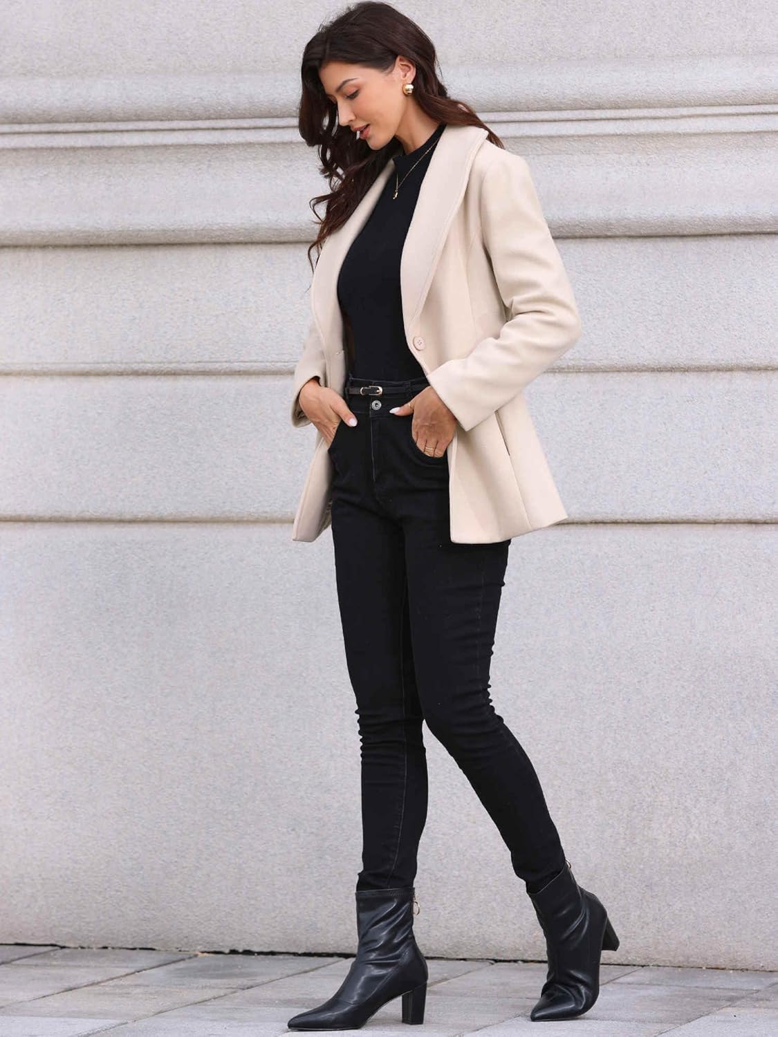 Allegra K Pea Coats for Women Lapel Collar One Button Overcoat with Belt Winter Coat - Image 3