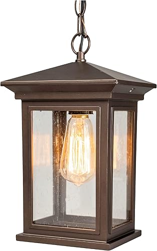 Jetima Lámpara colgante para exteriores con acabado de aluminio y vidrio templado transparente, bronce aceitado (ORB) para entrada, porche, puerta