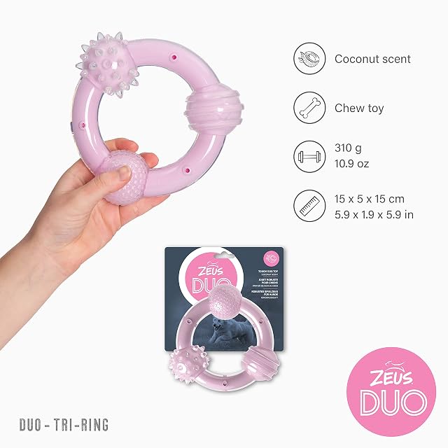 Foto 6 de 6 de Zeus Juguete para Masticar Perro Duo Tres Aros, 15 cm, Lila, Aroma a Coco