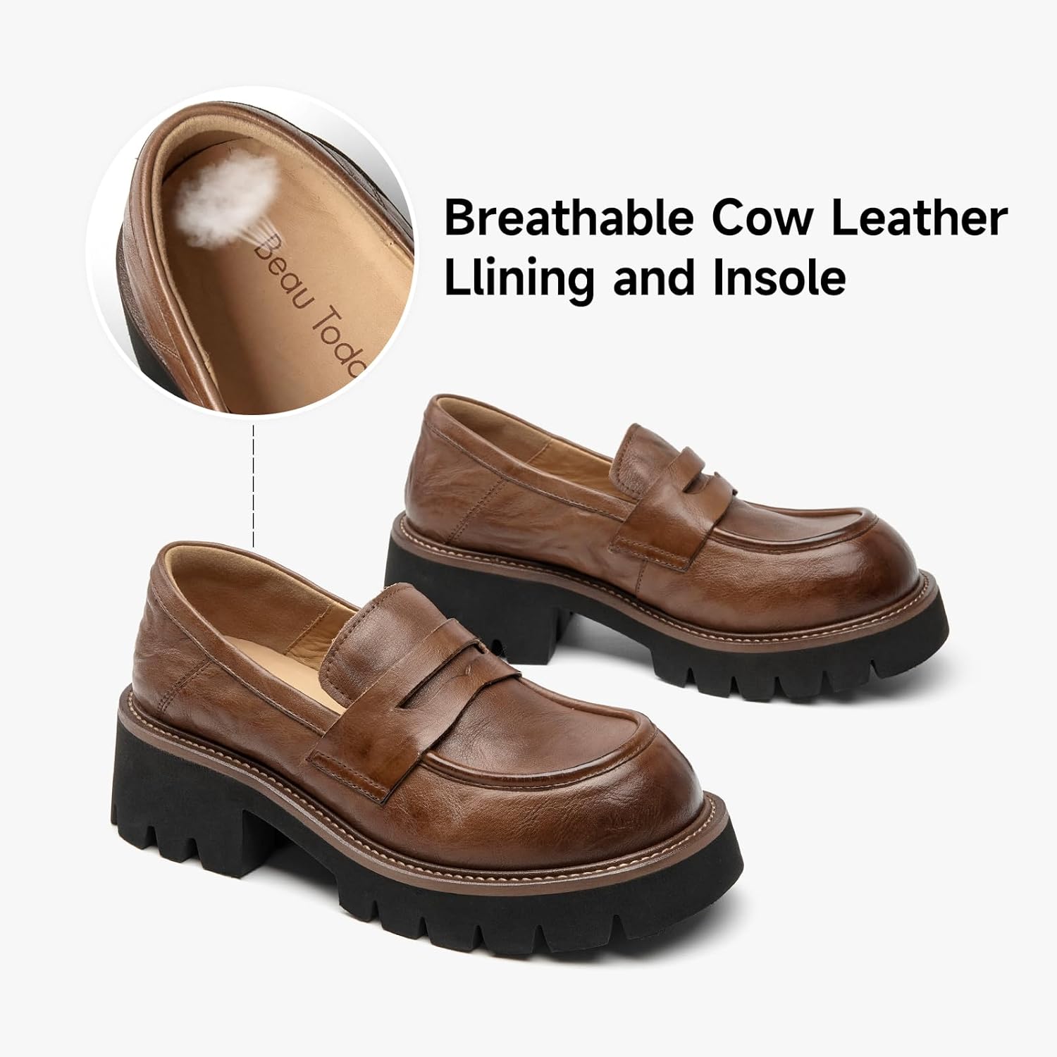 BEAU TODAY Platform Loafers for Women, Women’s Chunky Leather Loafers, Slip-on Lug Sole Penny Loafers Comfortable Business Casual Office Non Slip Round Toe Ladies Dress Shoes Brown US 8.5 - Image 5
