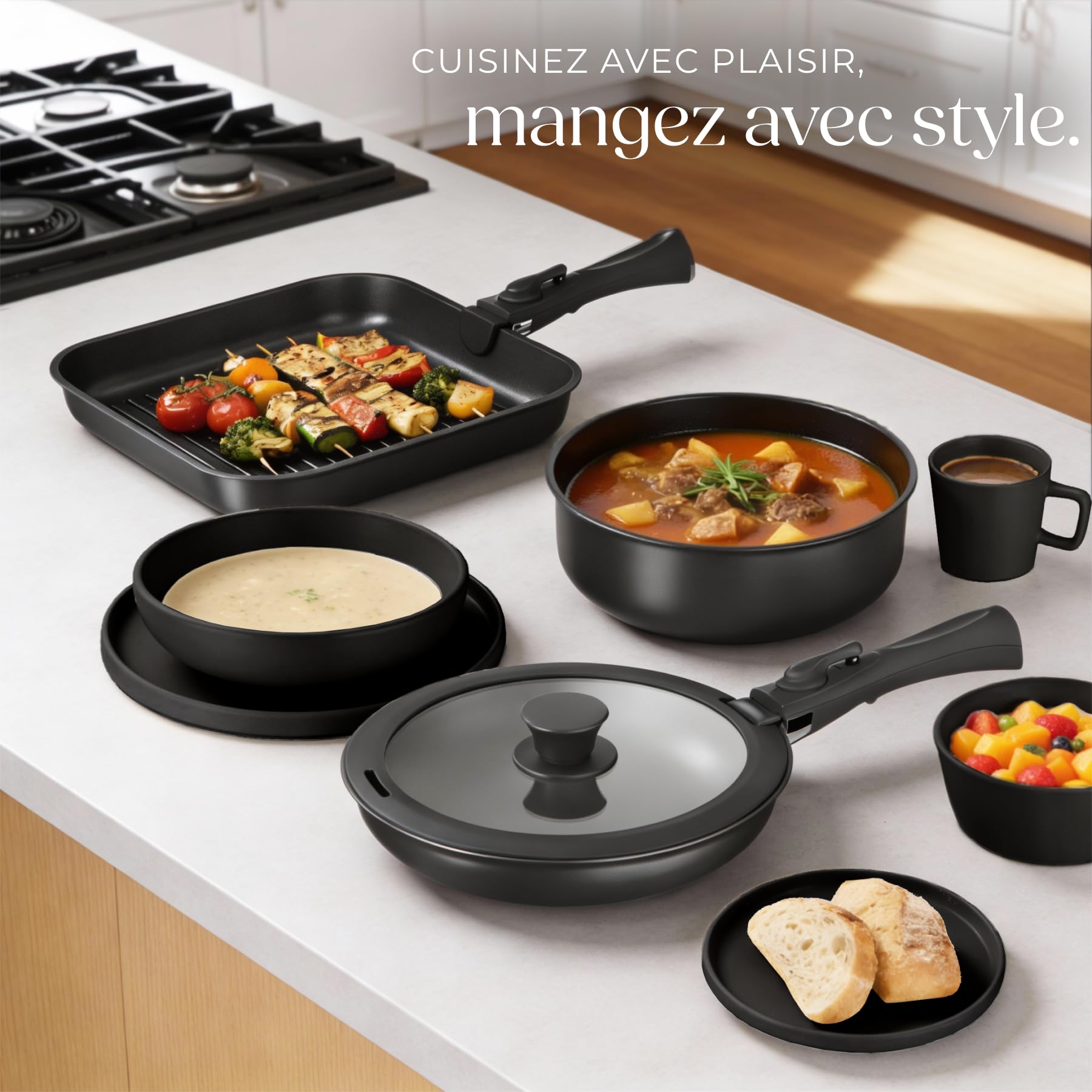 tectake® Set de cuisine 47 pièces, Service de table 6 personnes et Batterie de cuisine, Poêles Casseroles Service vaisselle Assiettes petites et grandes Assiettes creuses Bol Tasse Vaisselle en grès